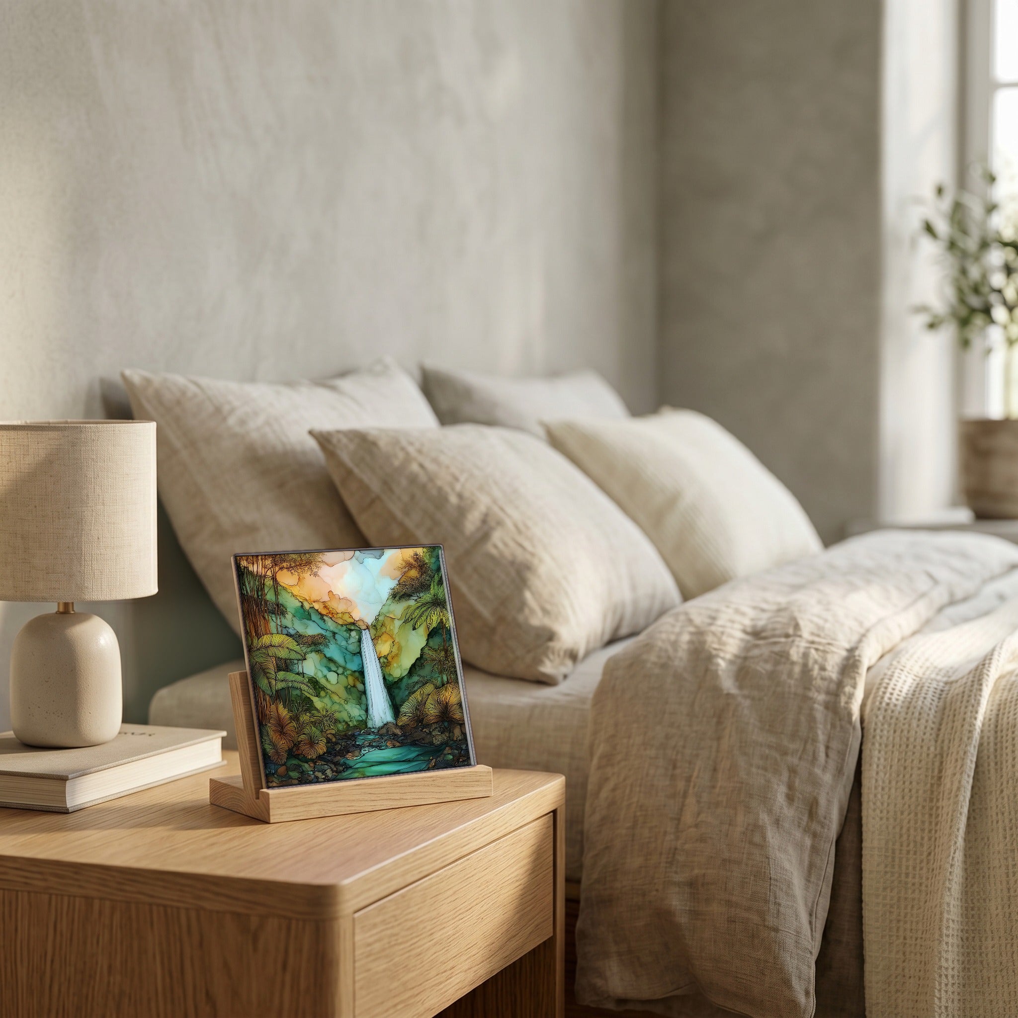 On the nightstand, on a light oak stand.