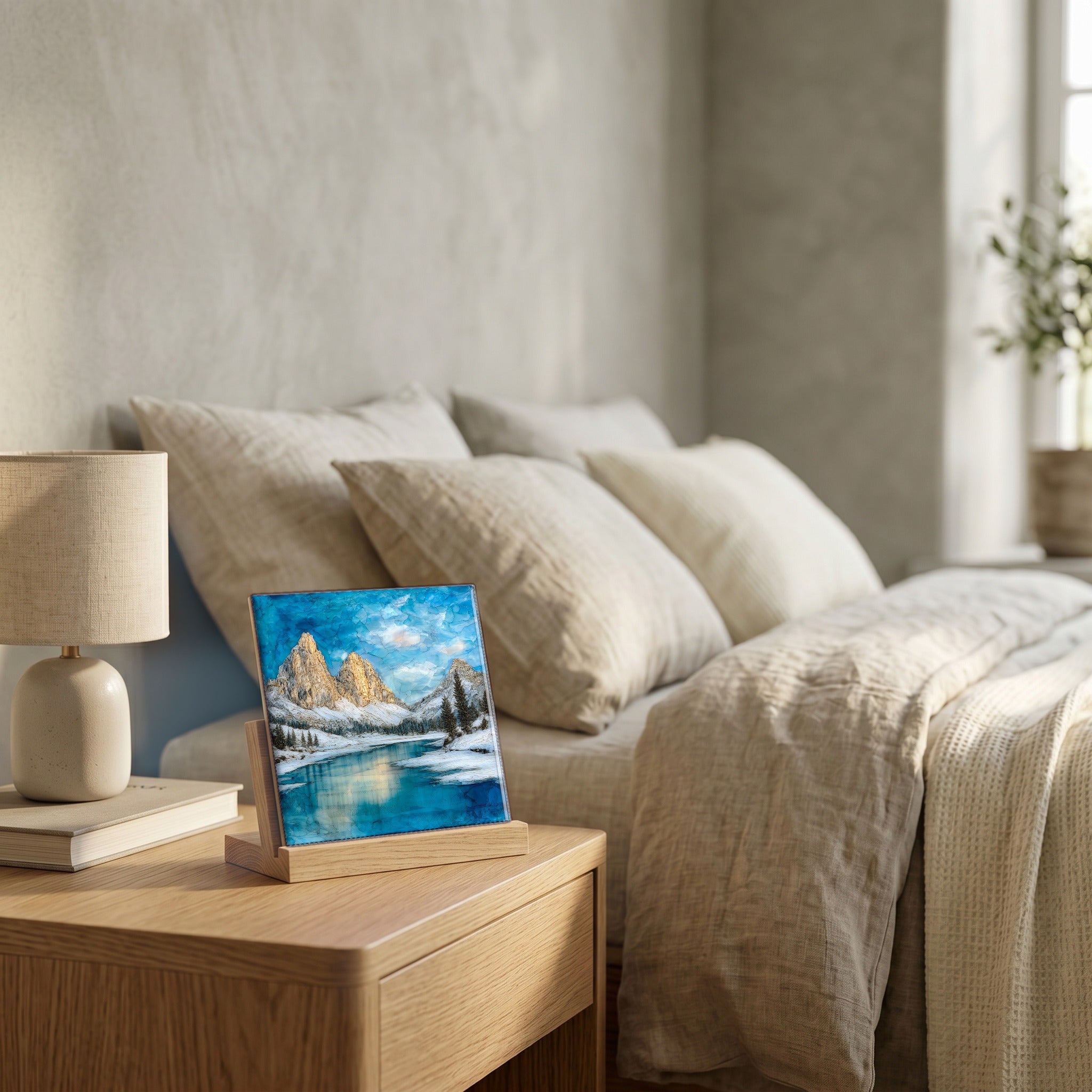 On the nightstand, on a light oak stand.