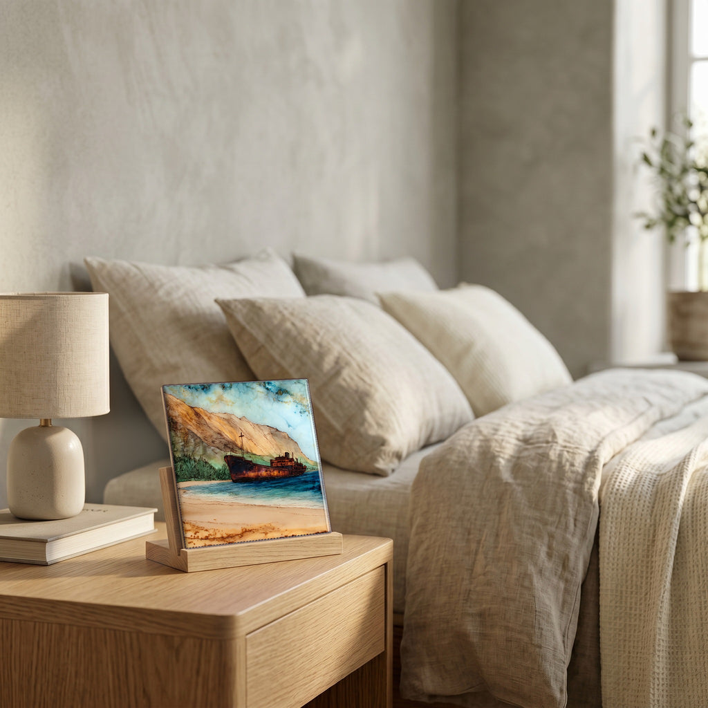 On the nightstand, on a light oak stand.