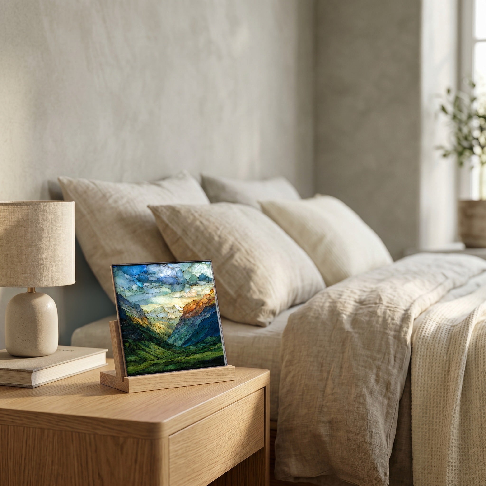 On the nightstand, on a light oak stand.