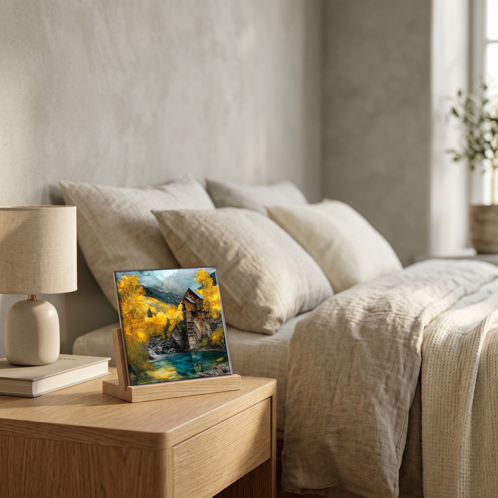 On the nightstand, catching the morning.