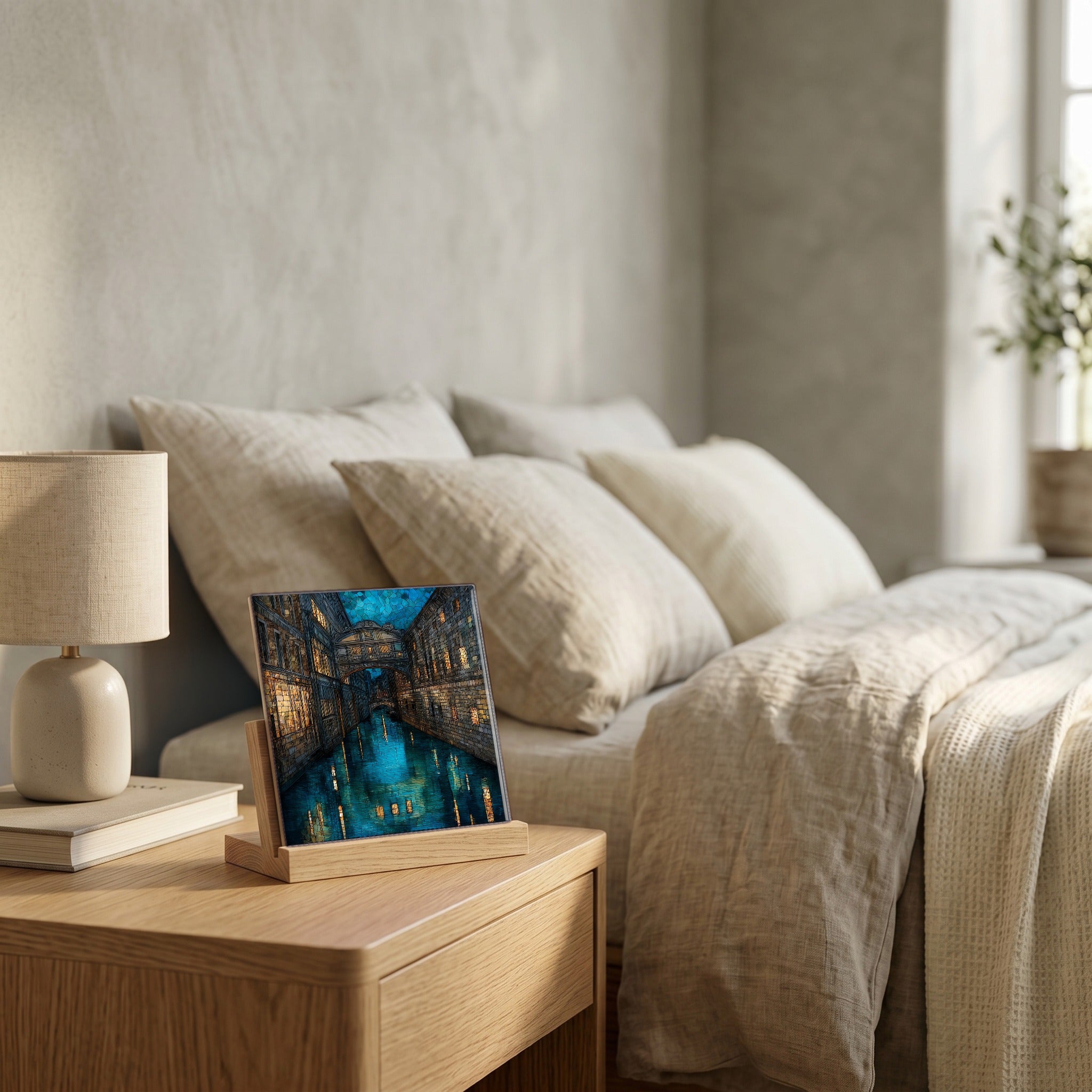 On the nightstand, on a light oak stand.