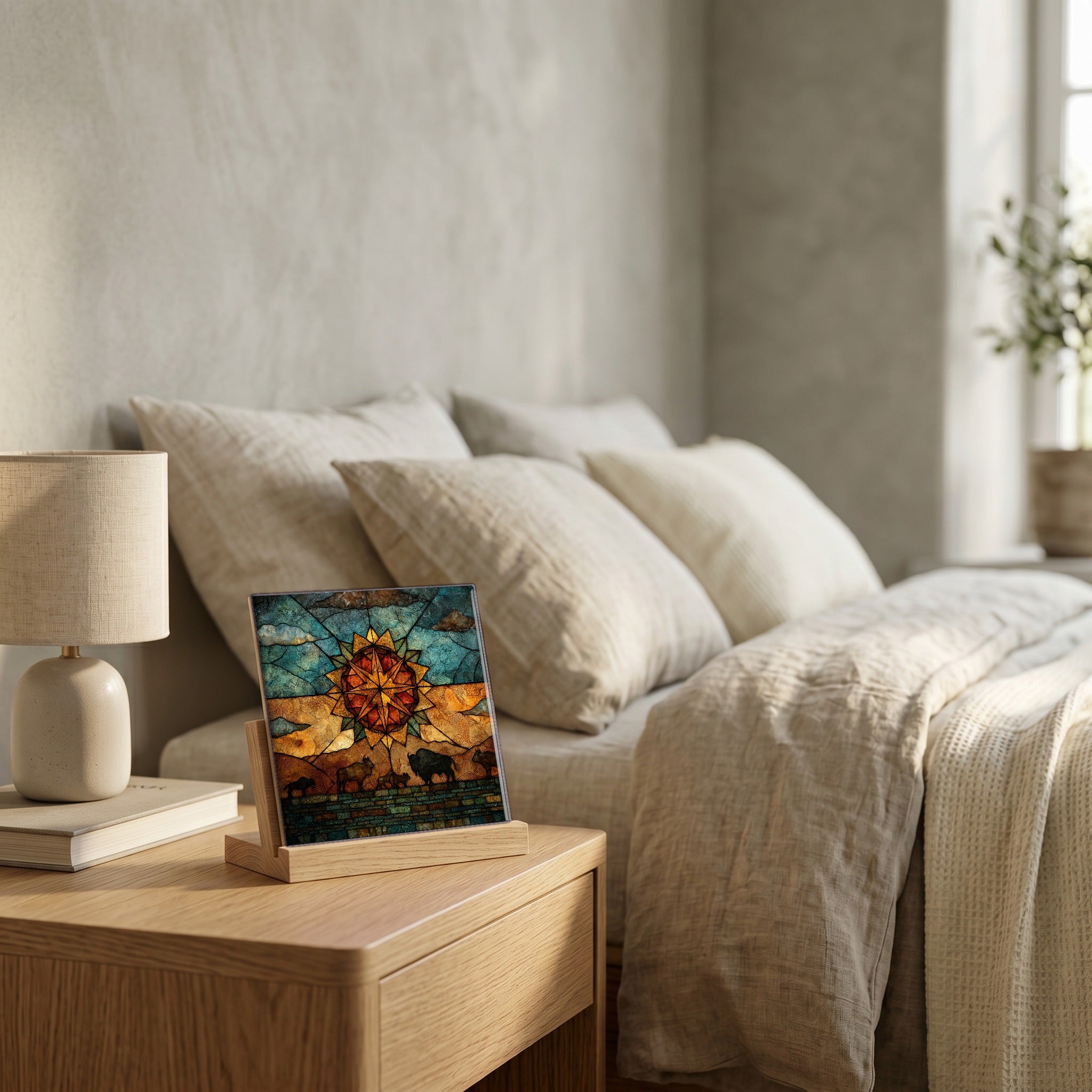 On the nightstand, catching the morning.