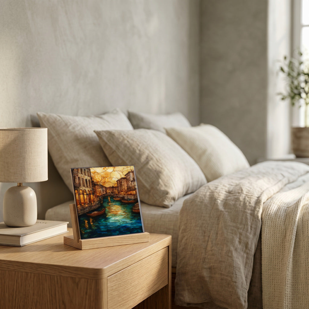 On the nightstand, on a light oak stand.