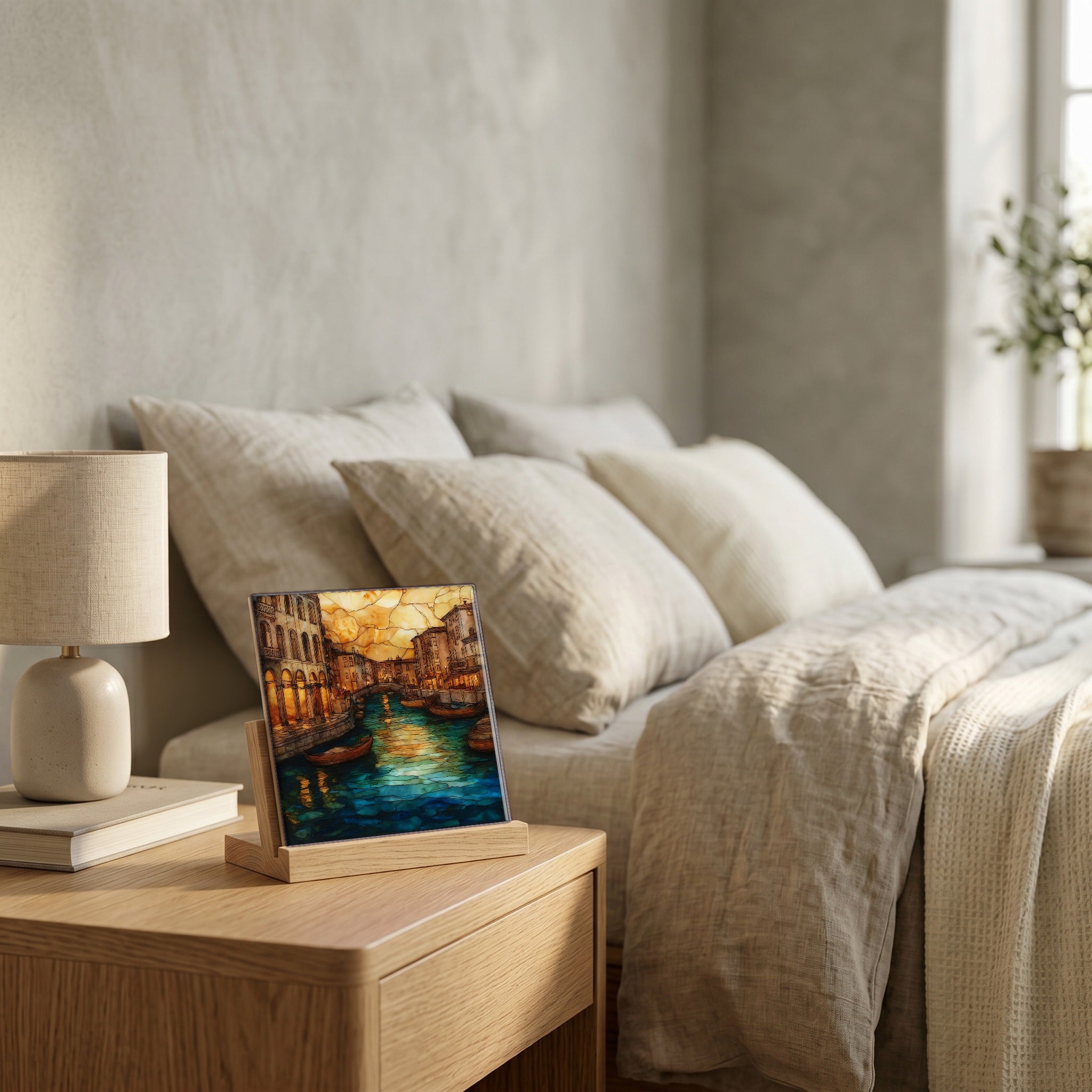 On the nightstand, on a light oak stand.