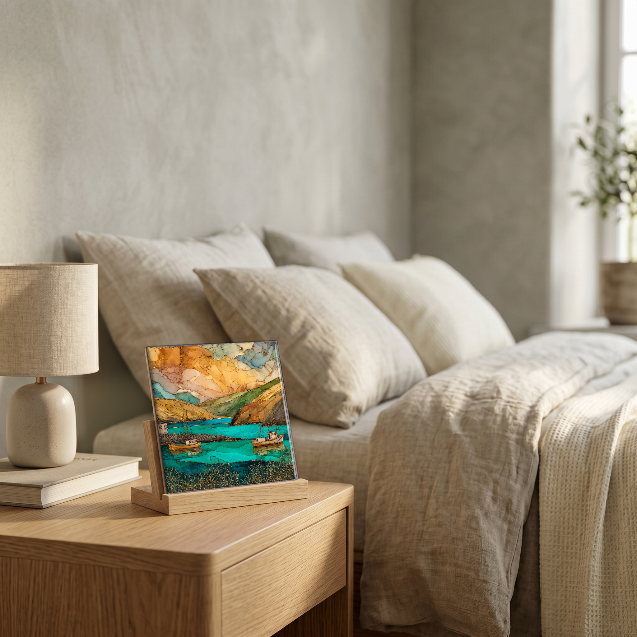 On the nightstand, on a light oak stand.