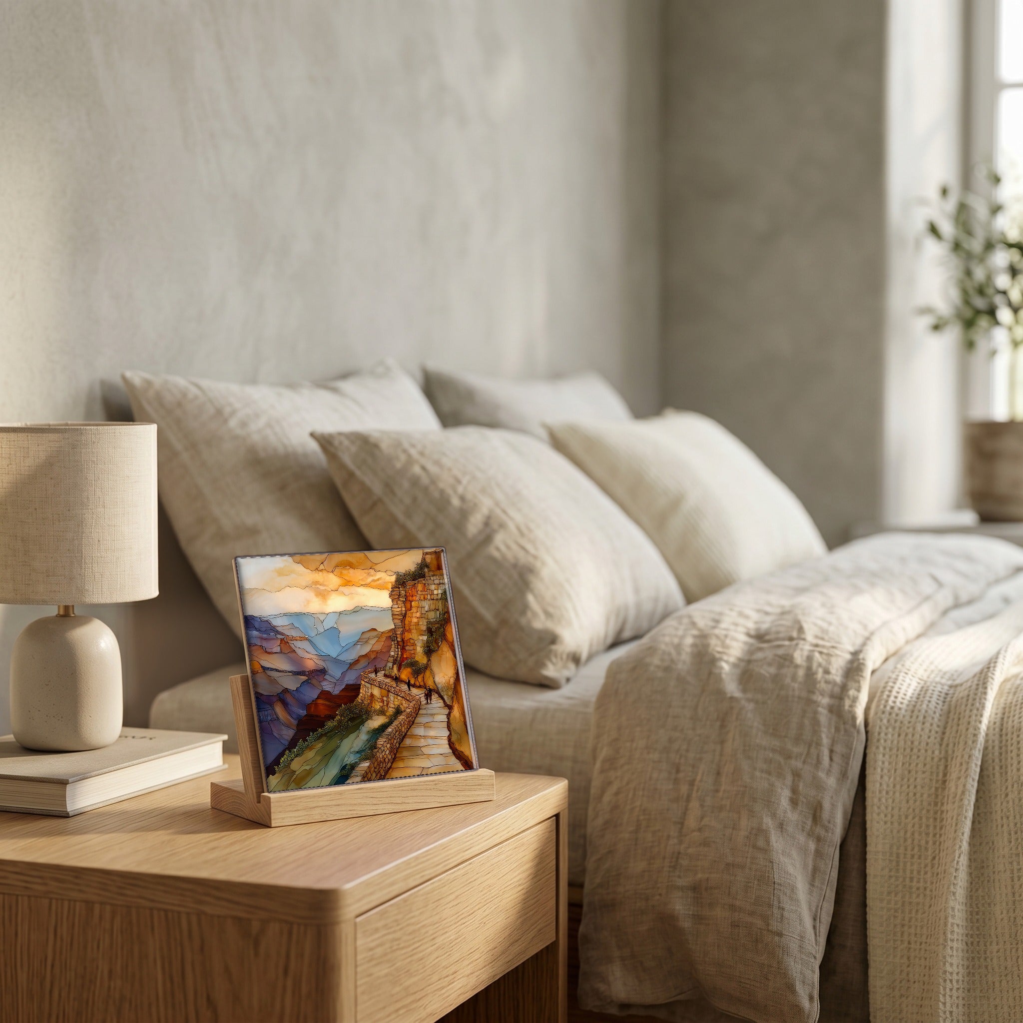 On the nightstand, catching the morning.