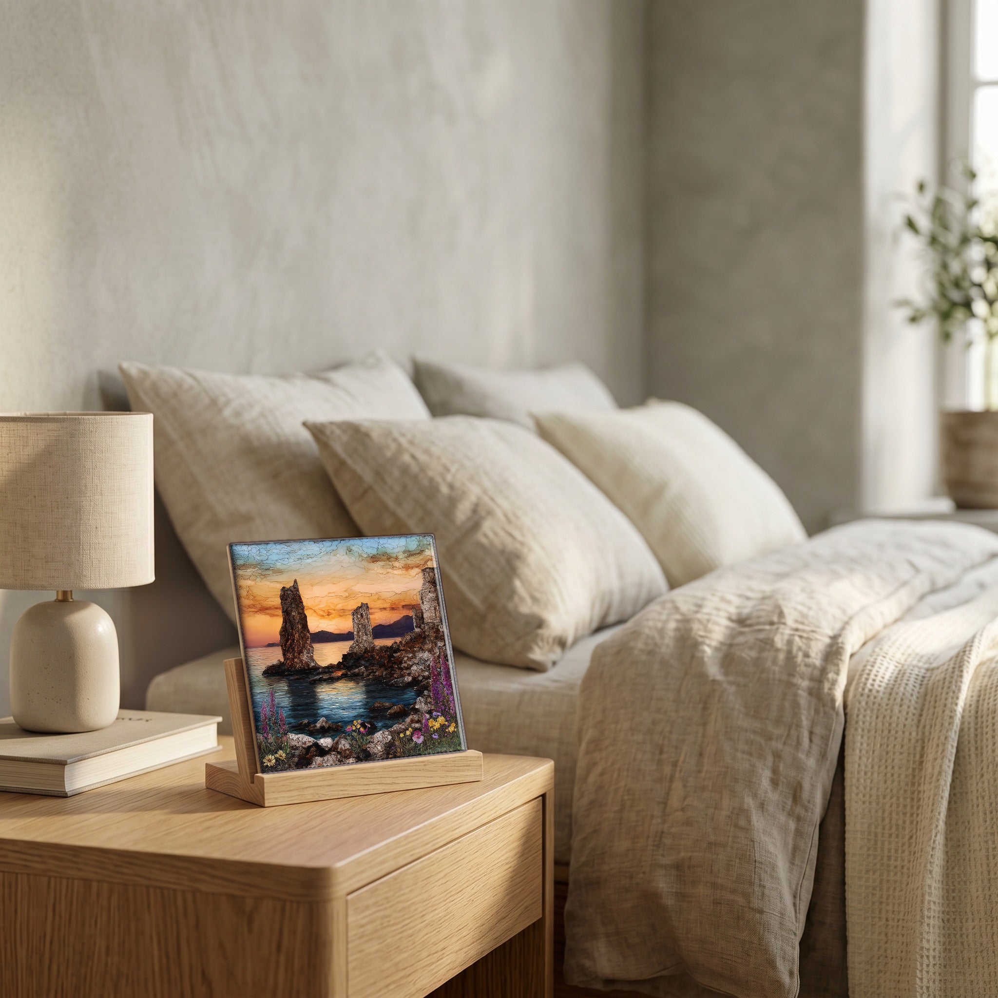 On the nightstand, on a light oak stand.