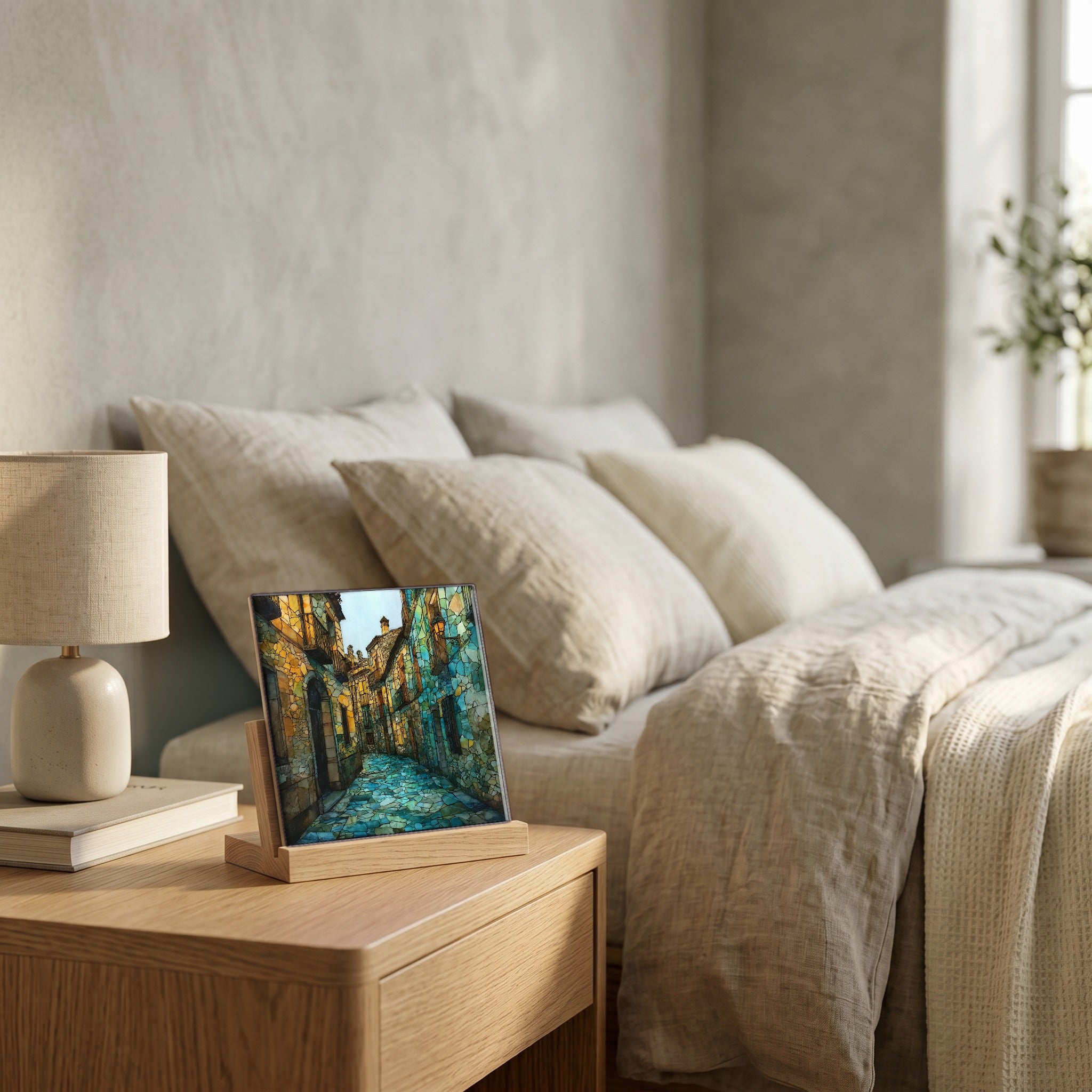 On the nightstand, catching the morning.
