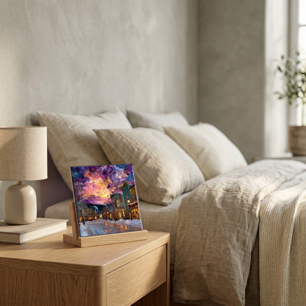 On the nightstand, on a light oak stand.