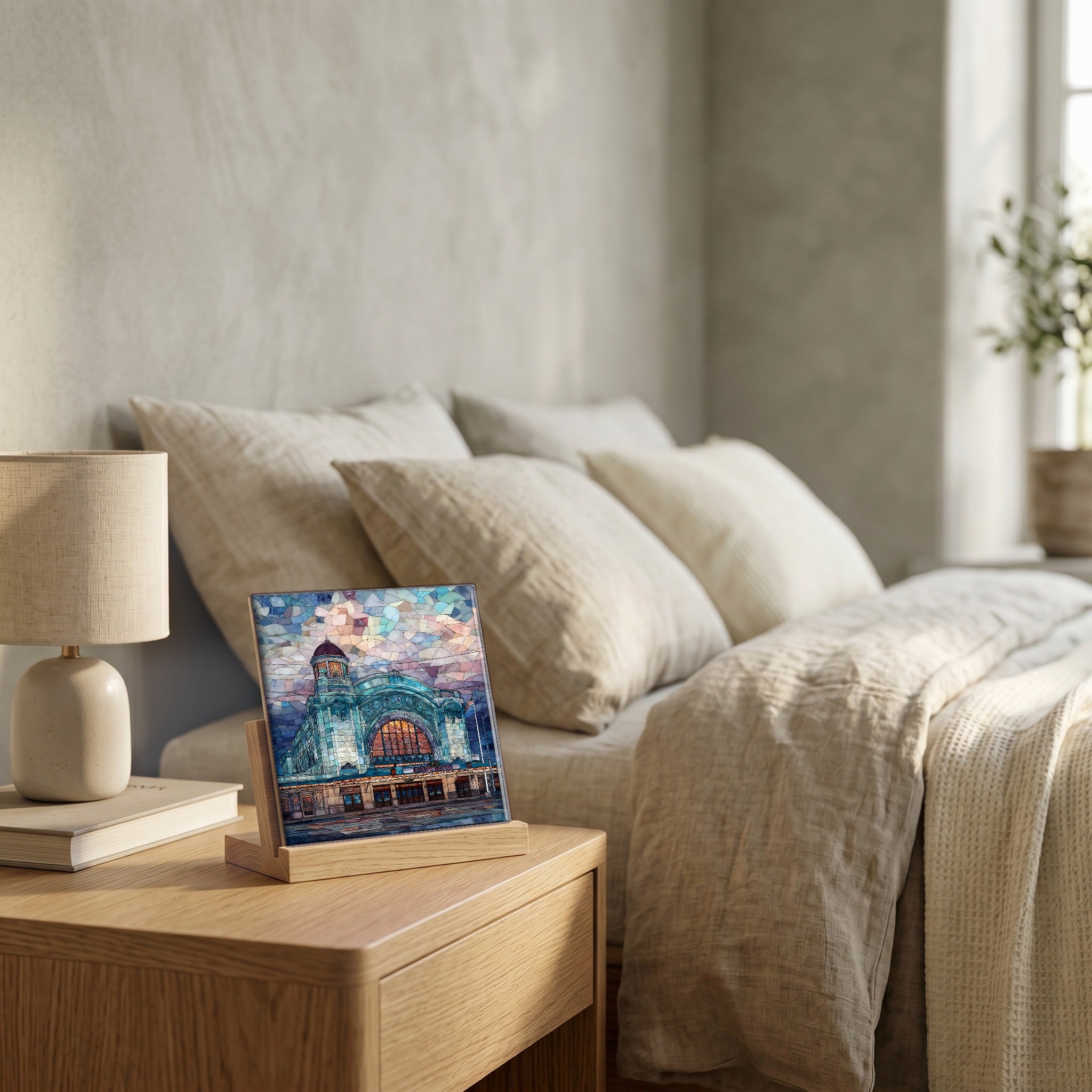 On the nightstand, catching the morning.