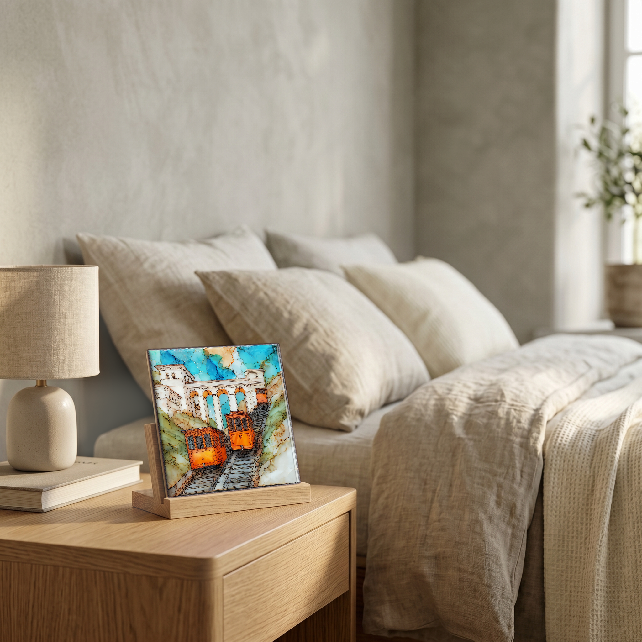 On the nightstand, on a light oak stand.