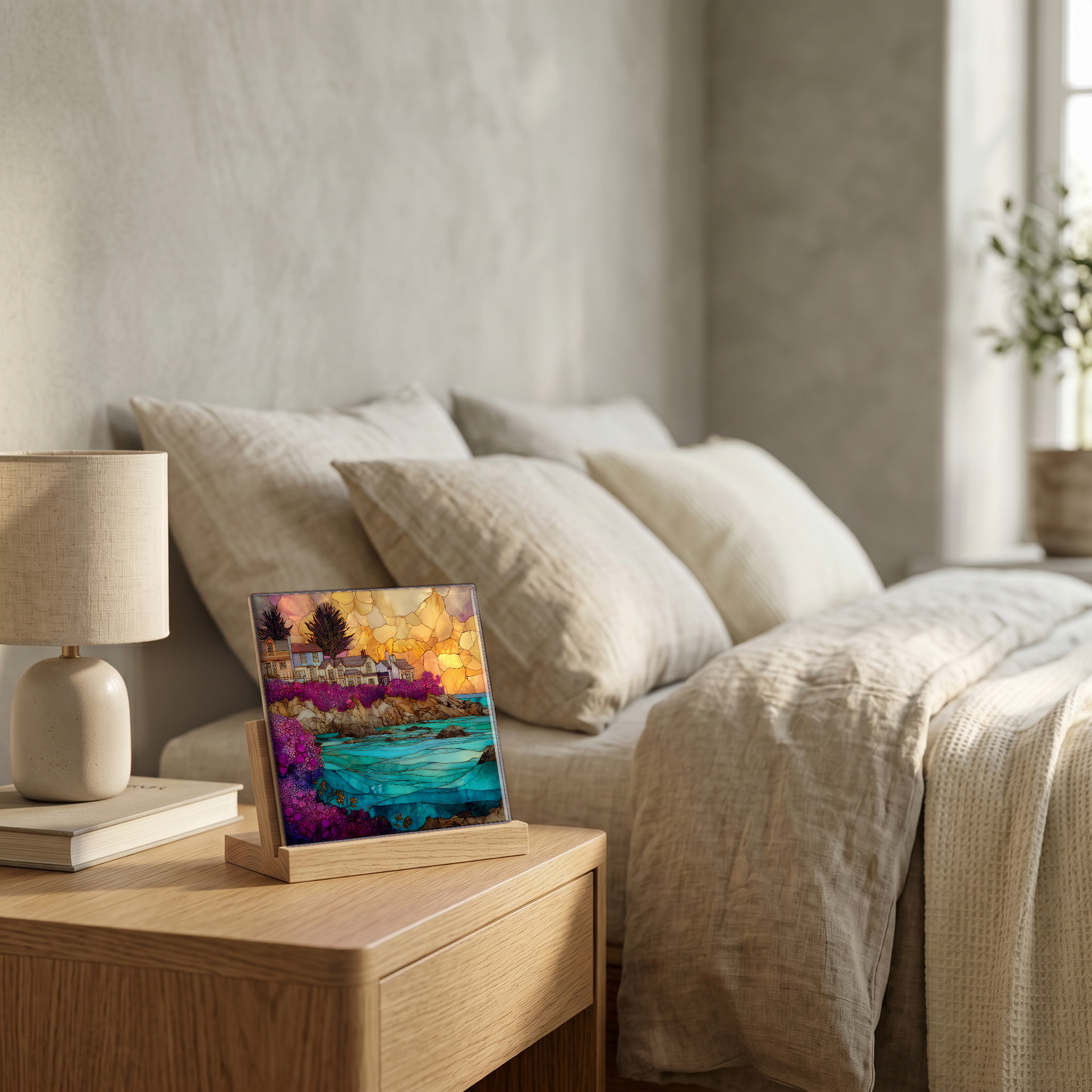 On the nightstand, on a light oak stand.