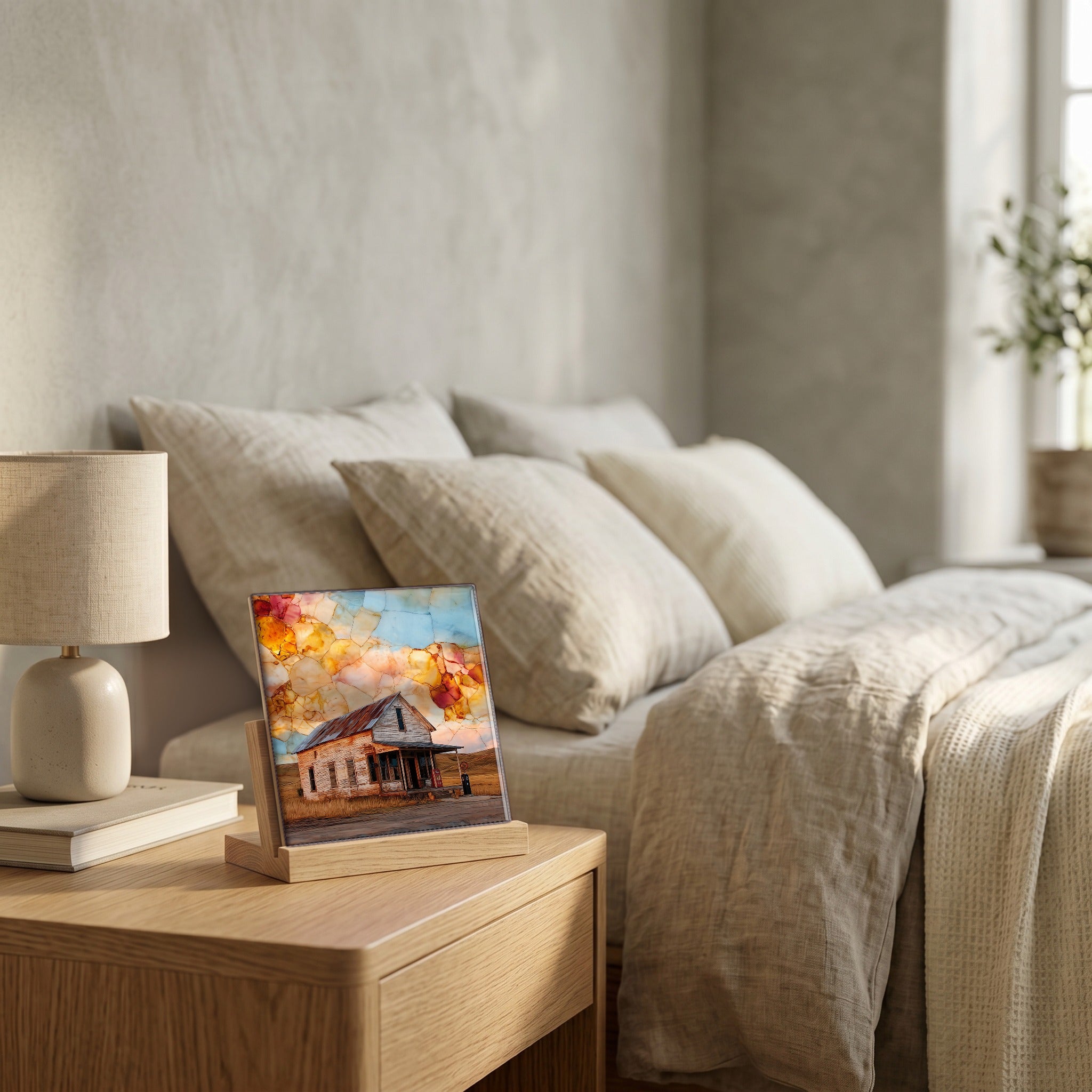 On the nightstand, catching the morning.