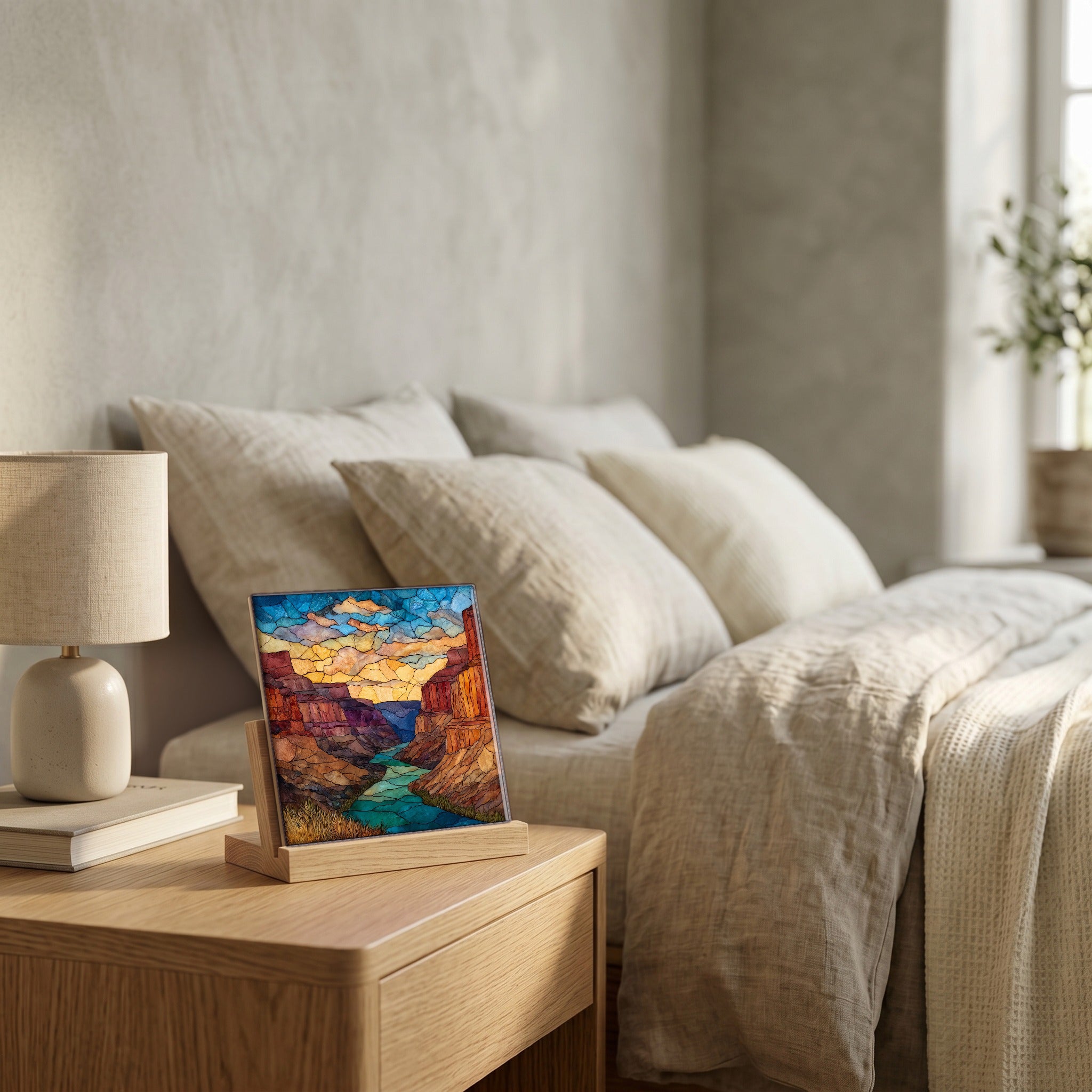 On the nightstand, catching the morning.