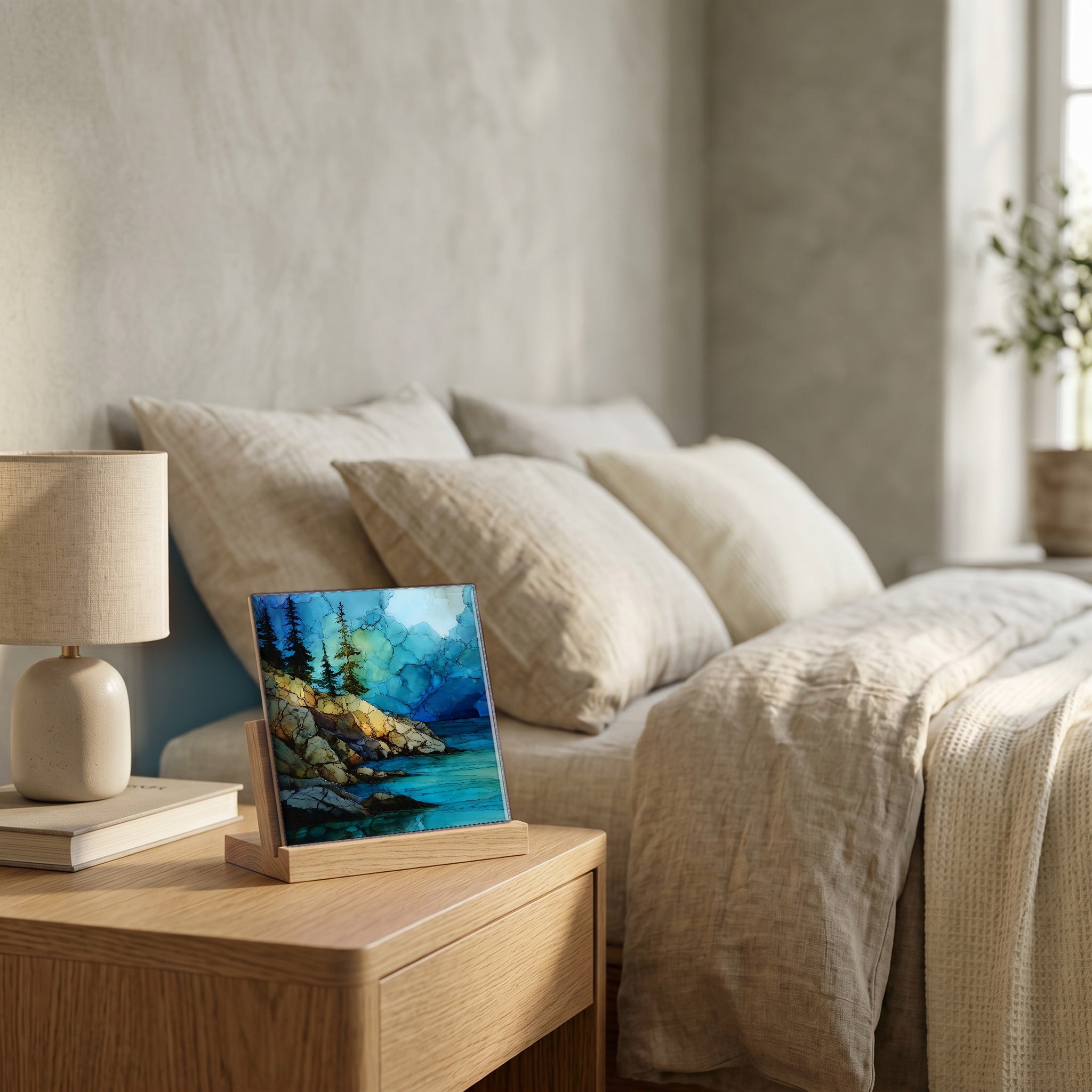 On the nightstand, catching the morning.