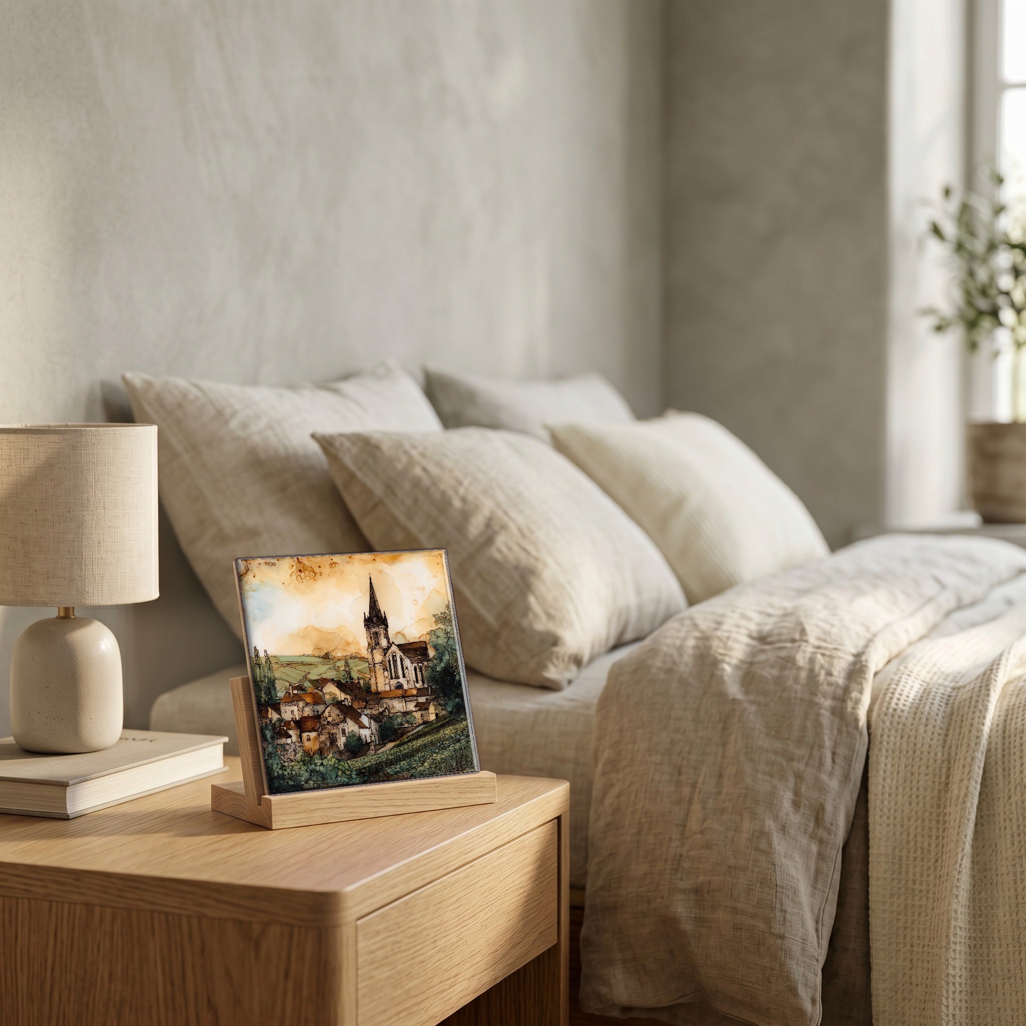 On the nightstand, on a light oak stand.