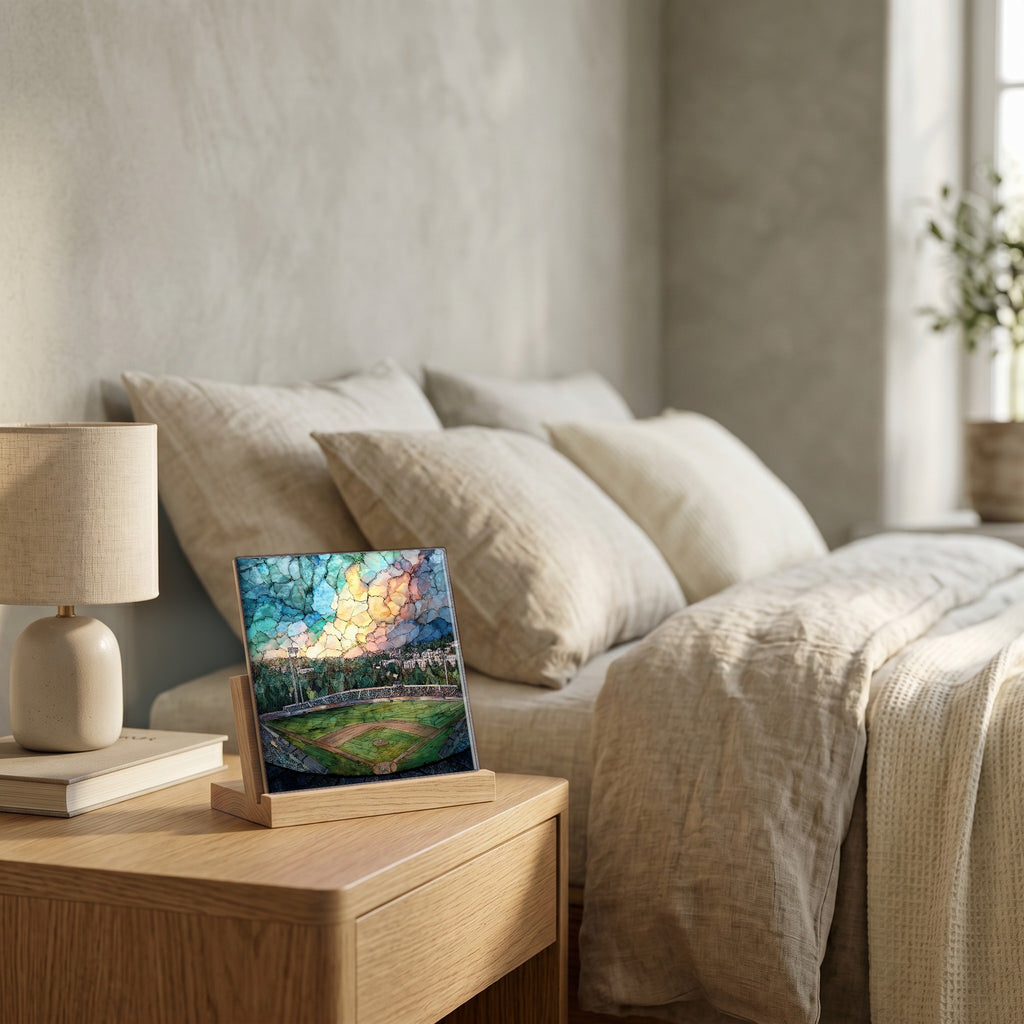 On the nightstand, catching the morning.