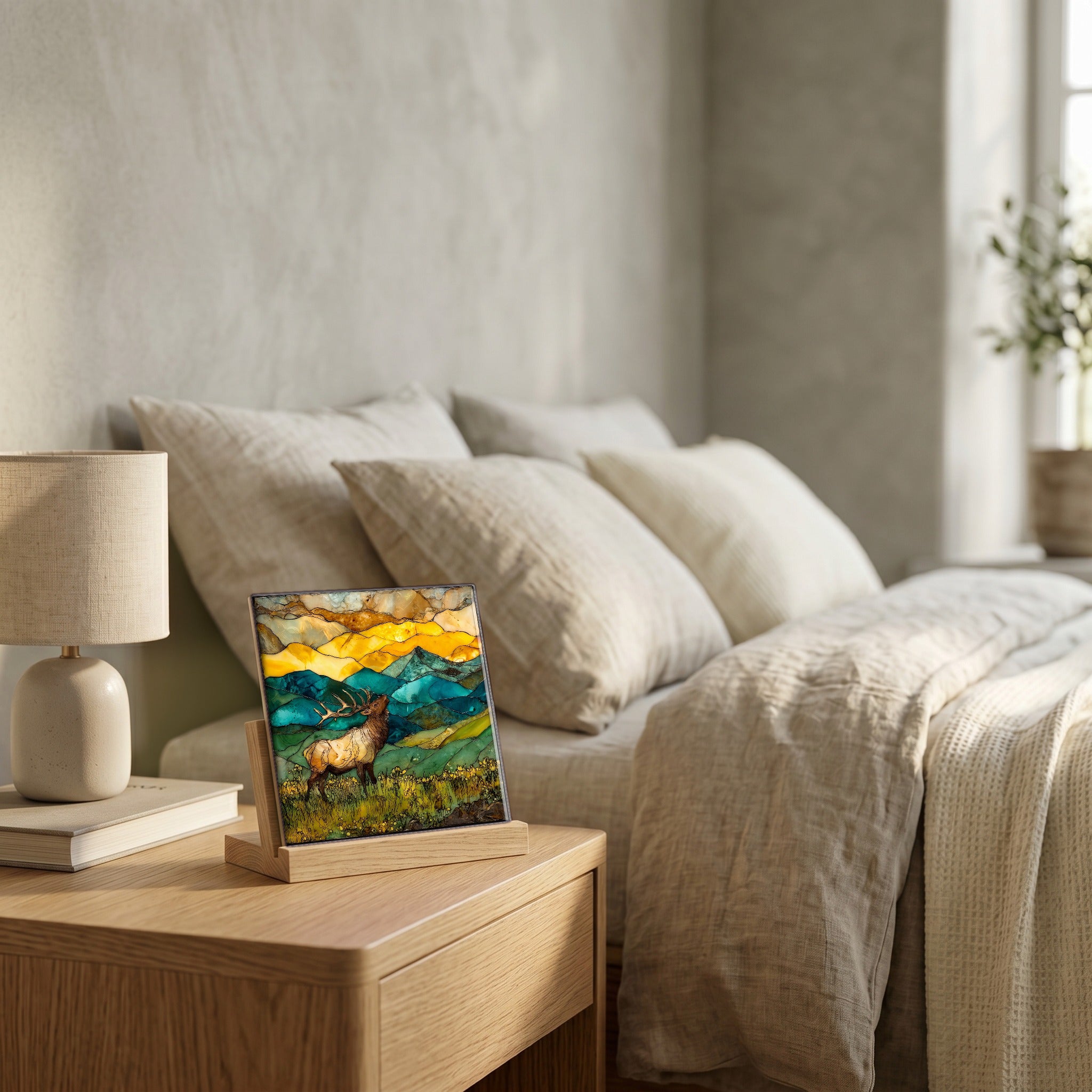 On the nightstand, catching the morning.