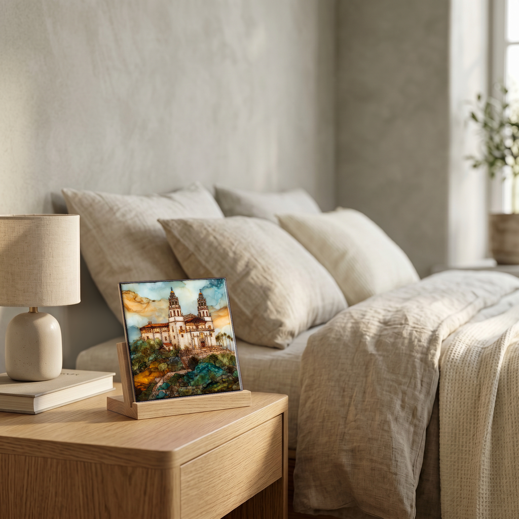 On the nightstand, on a light oak stand.