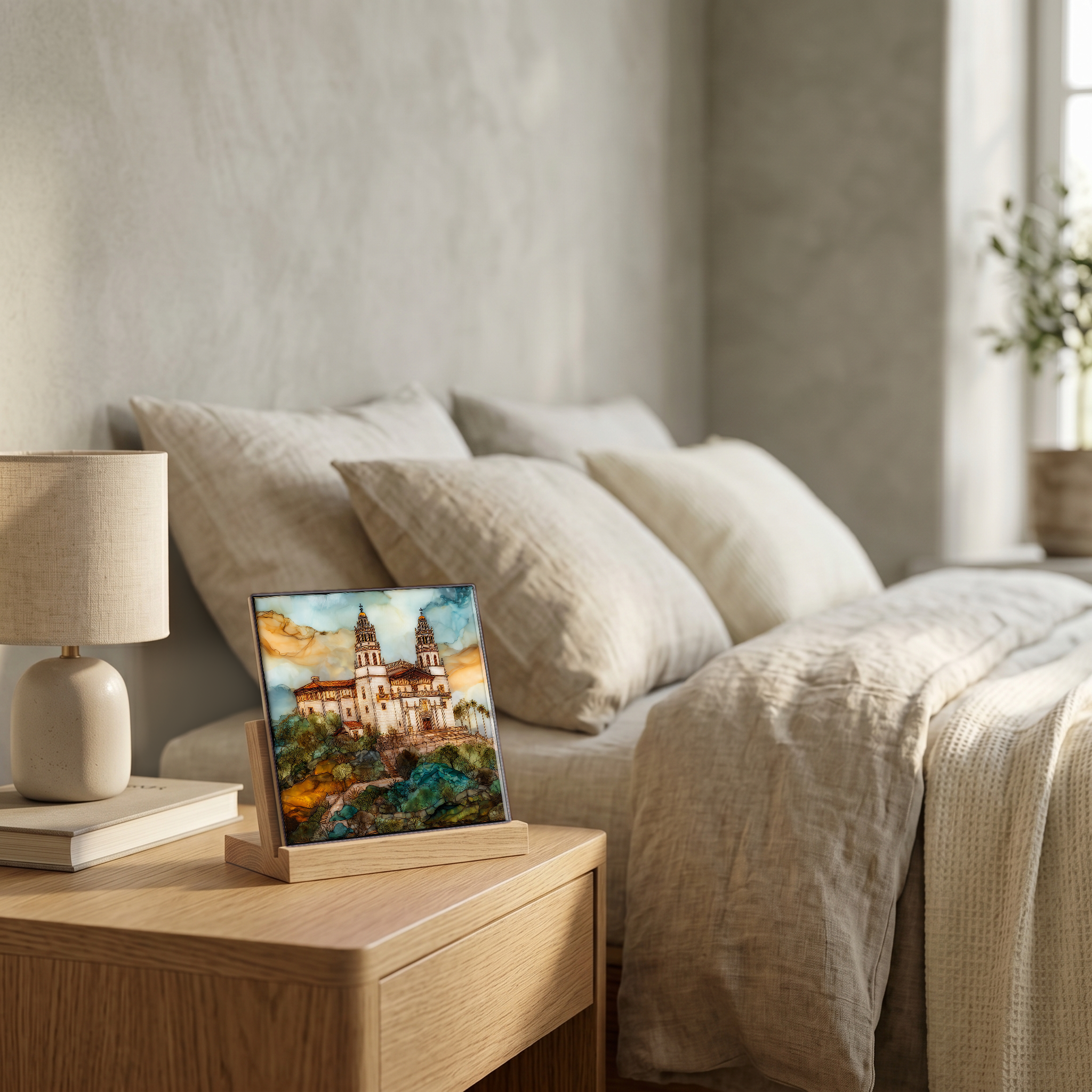 On the nightstand, on a light oak stand.