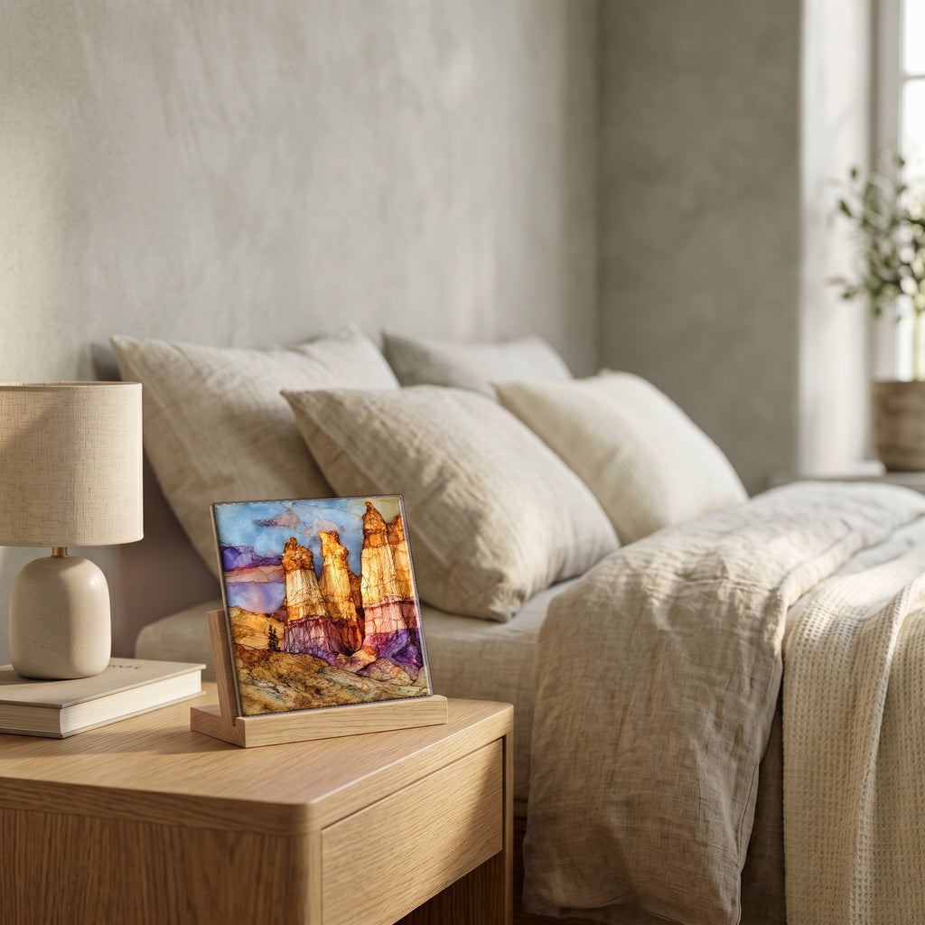On the nightstand, on a light oak stand.
