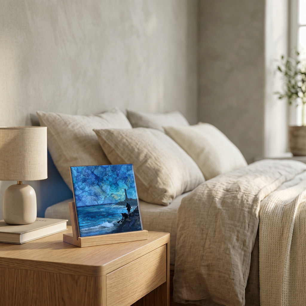 On the nightstand, catching the morning.