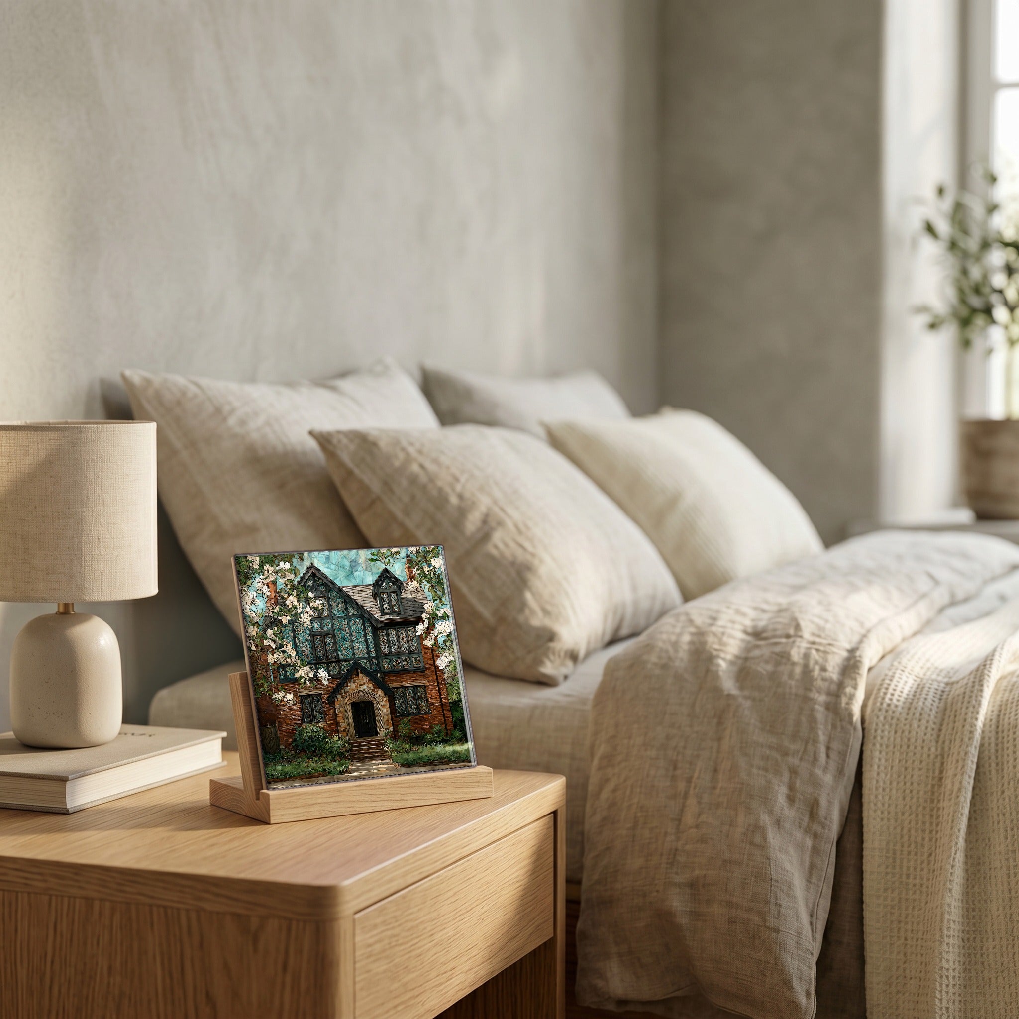 On the nightstand, catching the morning.