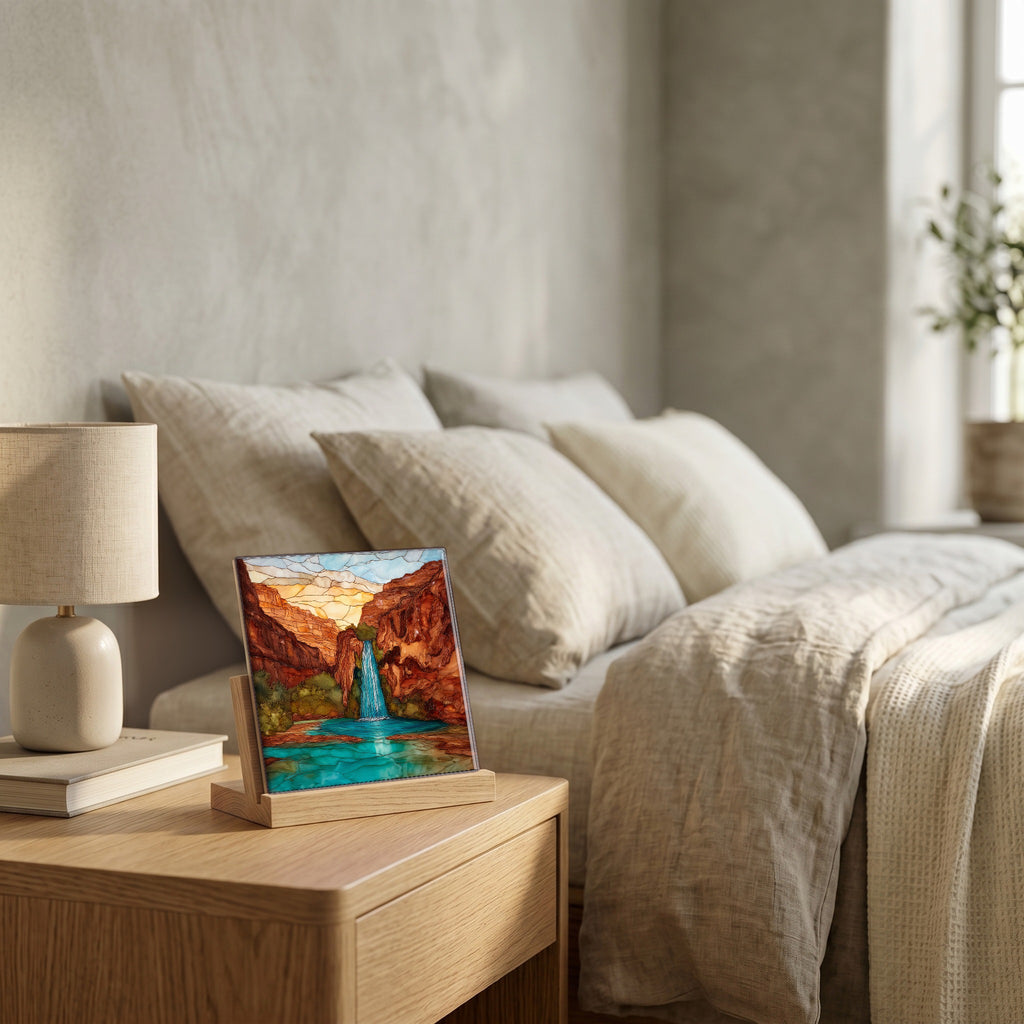 On the nightstand, catching the morning.