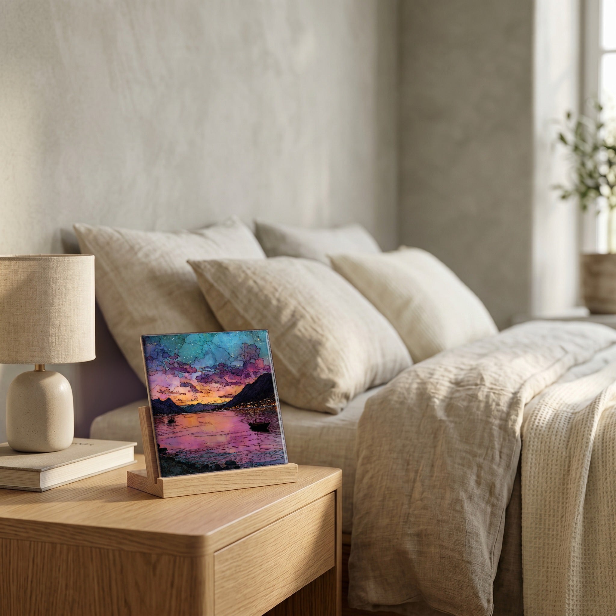 On the nightstand, on a light oak stand.
