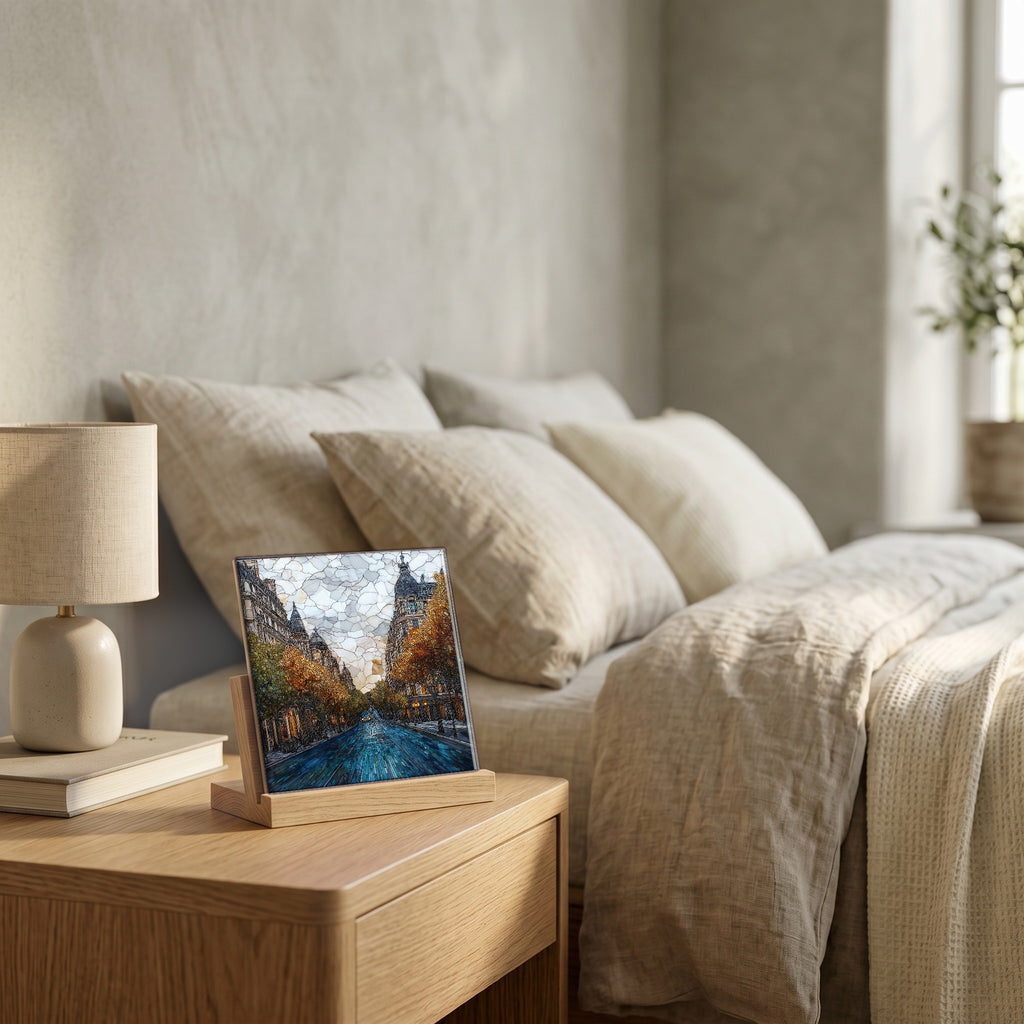 On the nightstand, on a light oak stand.