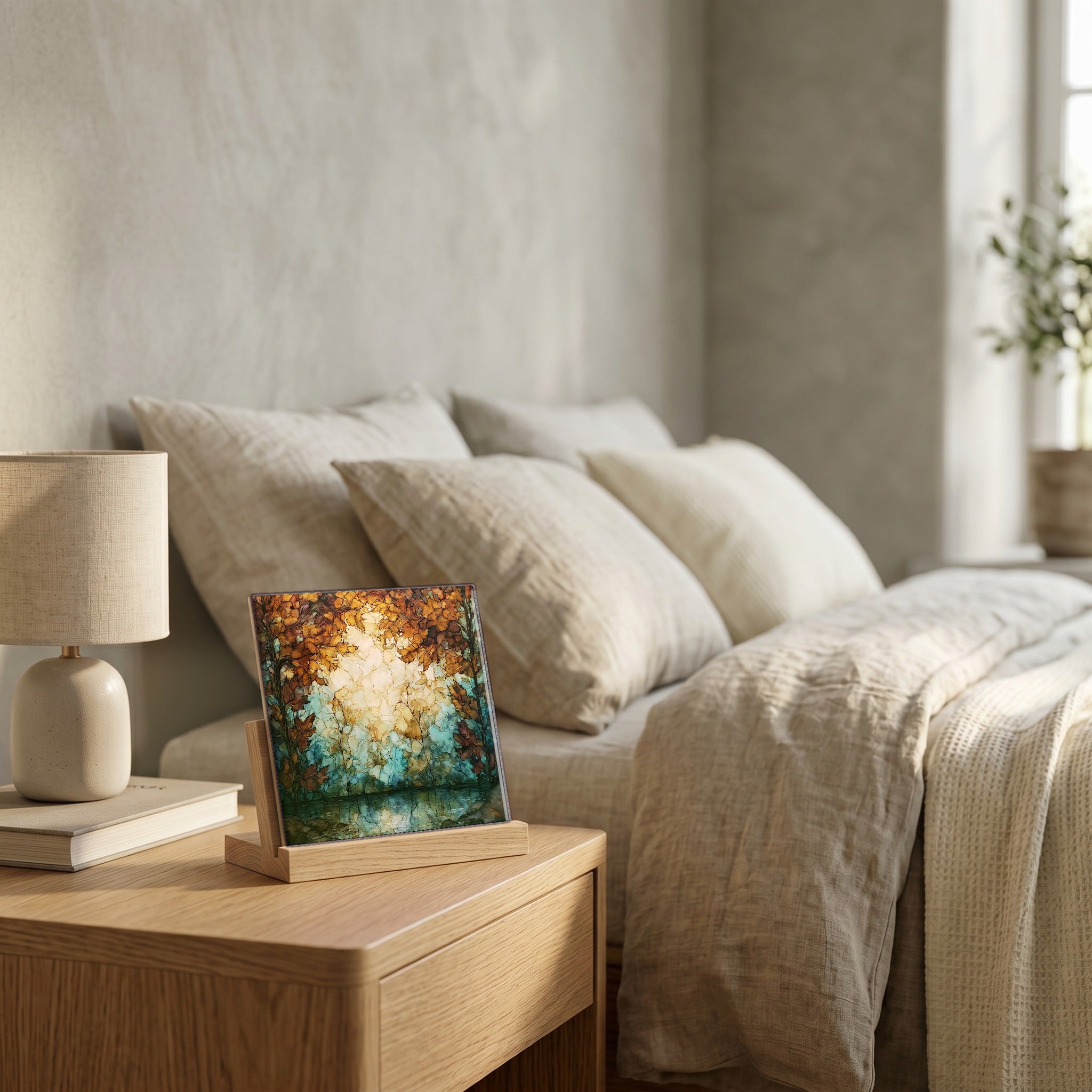 On the nightstand, catching the morning.