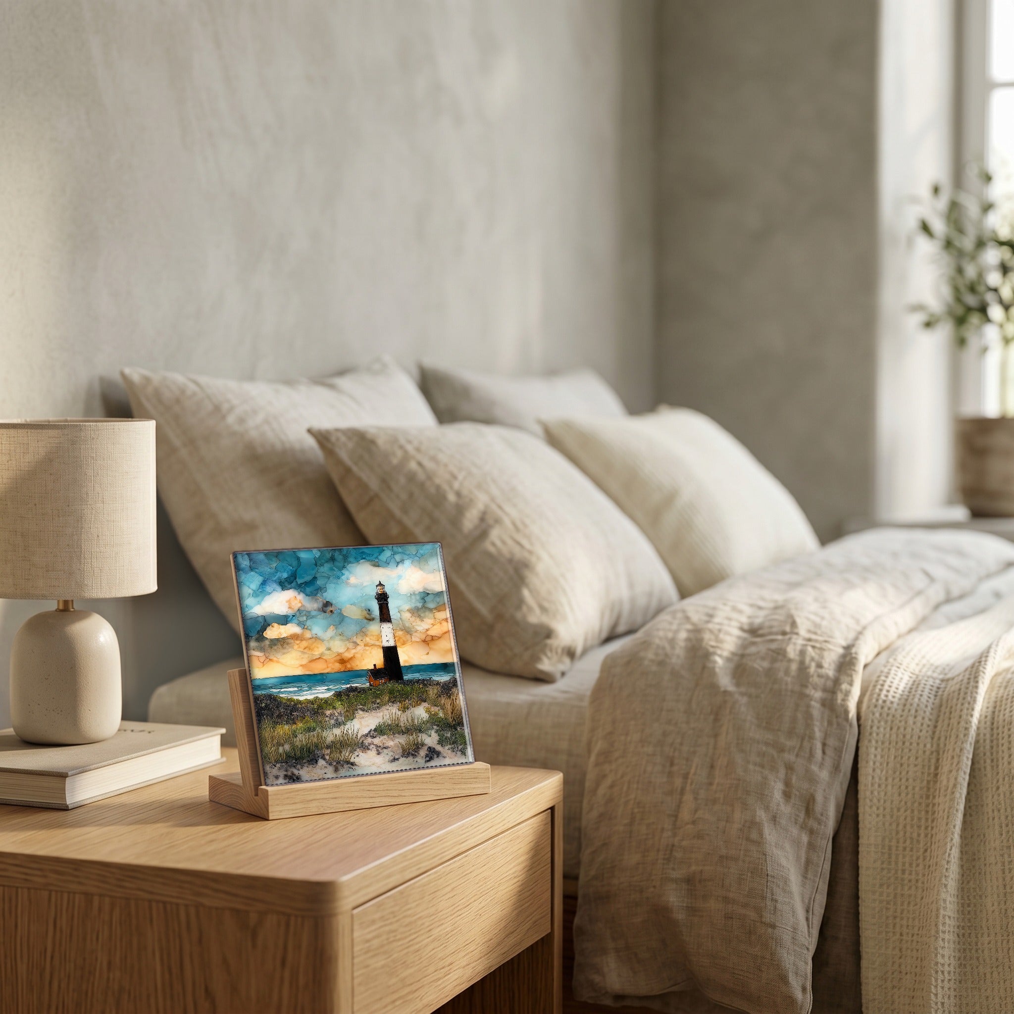On the nightstand, catching the morning.