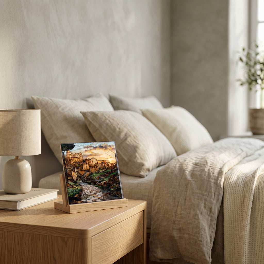 On the nightstand, on a light oak stand.