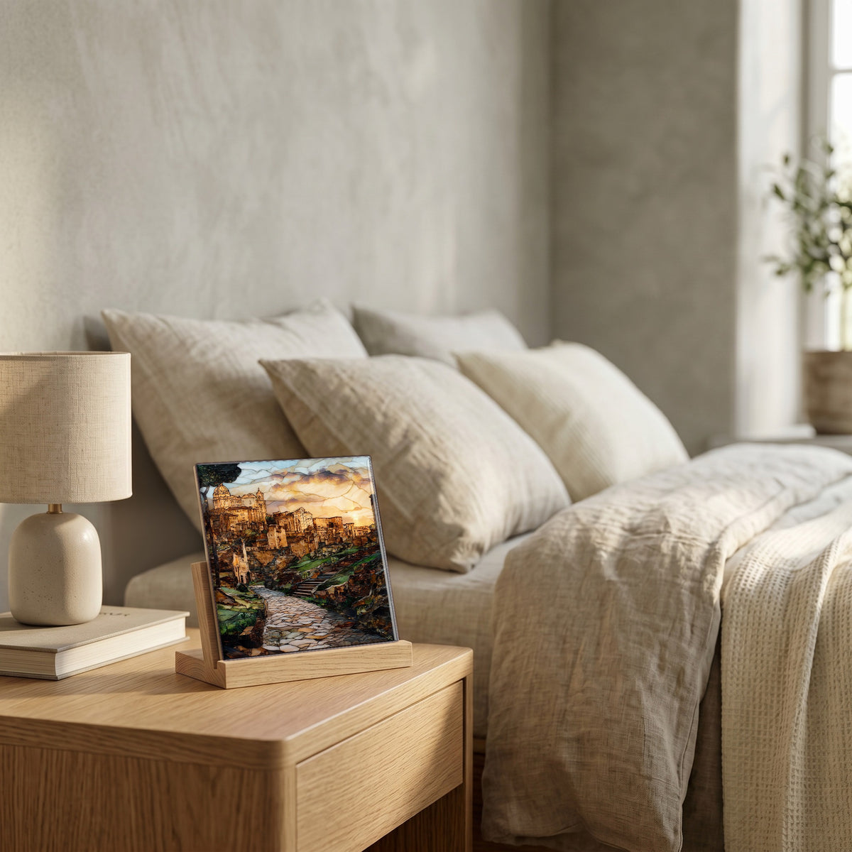 On the nightstand, on a light oak stand.