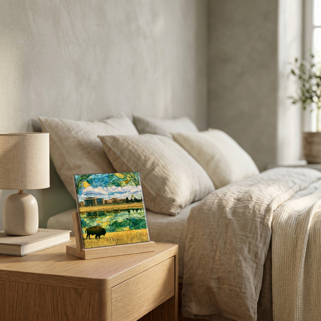 On the nightstand, catching the morning.