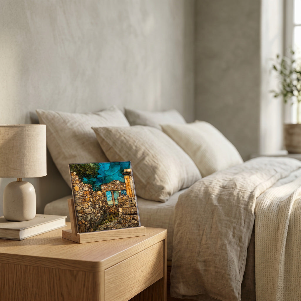 On the nightstand, catching the morning.