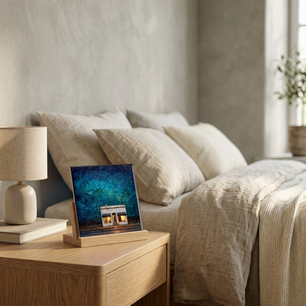 On the nightstand, catching the morning.