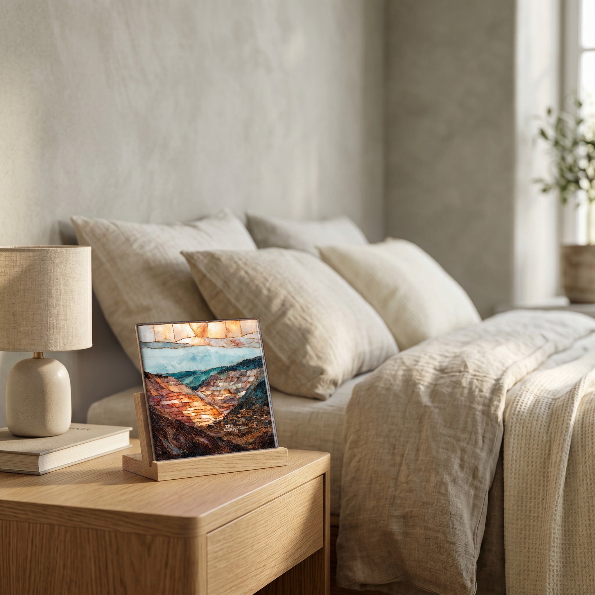 On the nightstand, catching the morning.