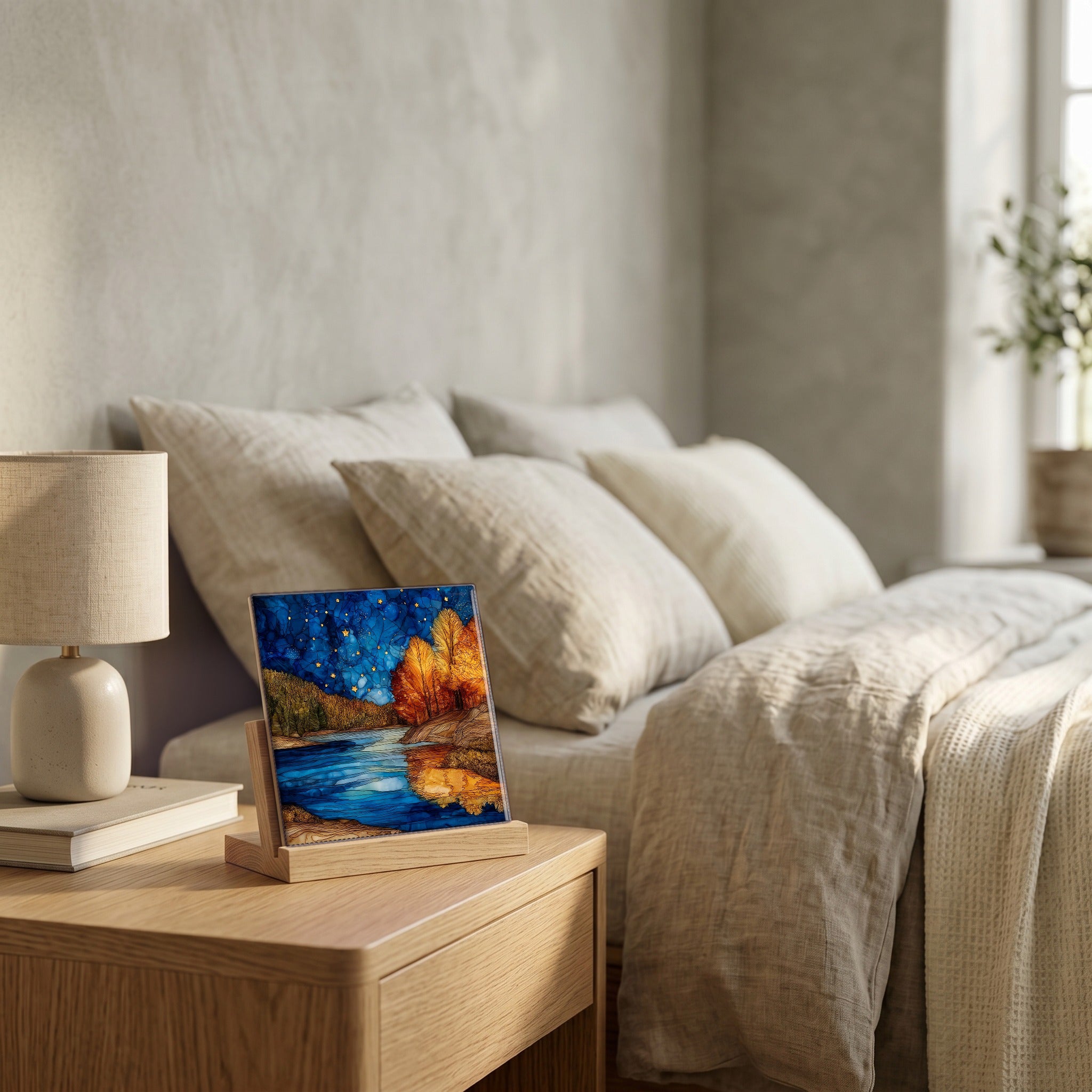 On the nightstand, catching the morning.