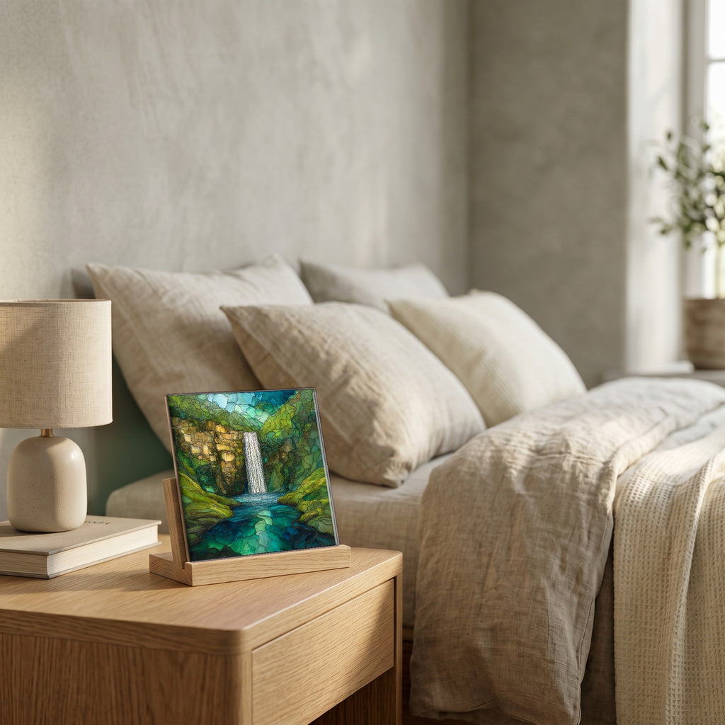 On the nightstand, catching the morning.