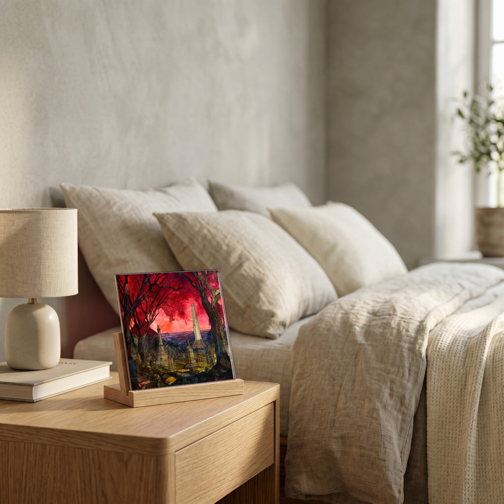 On the nightstand, catching the morning.