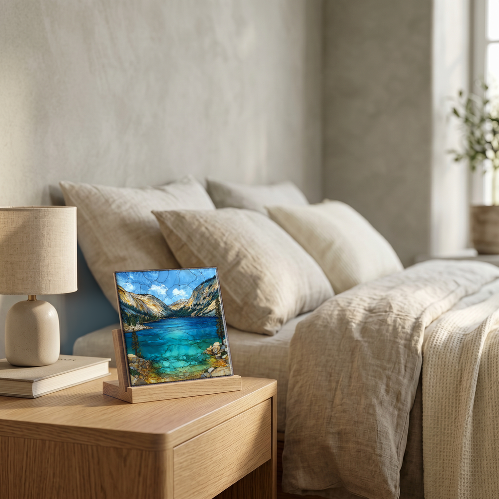 On the nightstand, on a light oak stand.