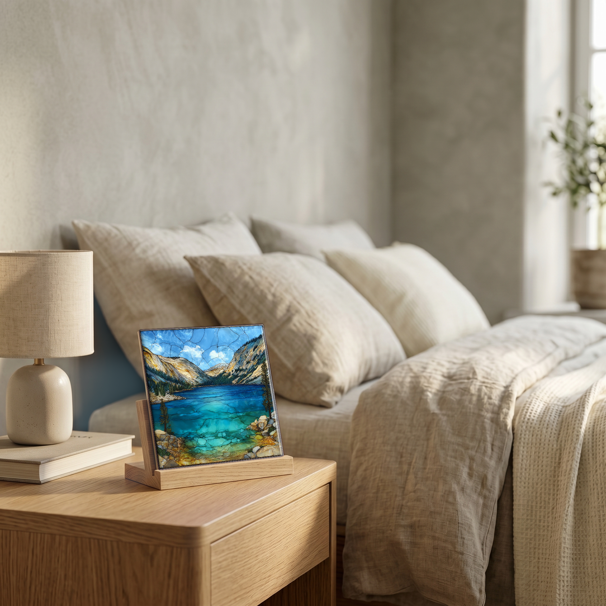 On the nightstand, on a light oak stand.