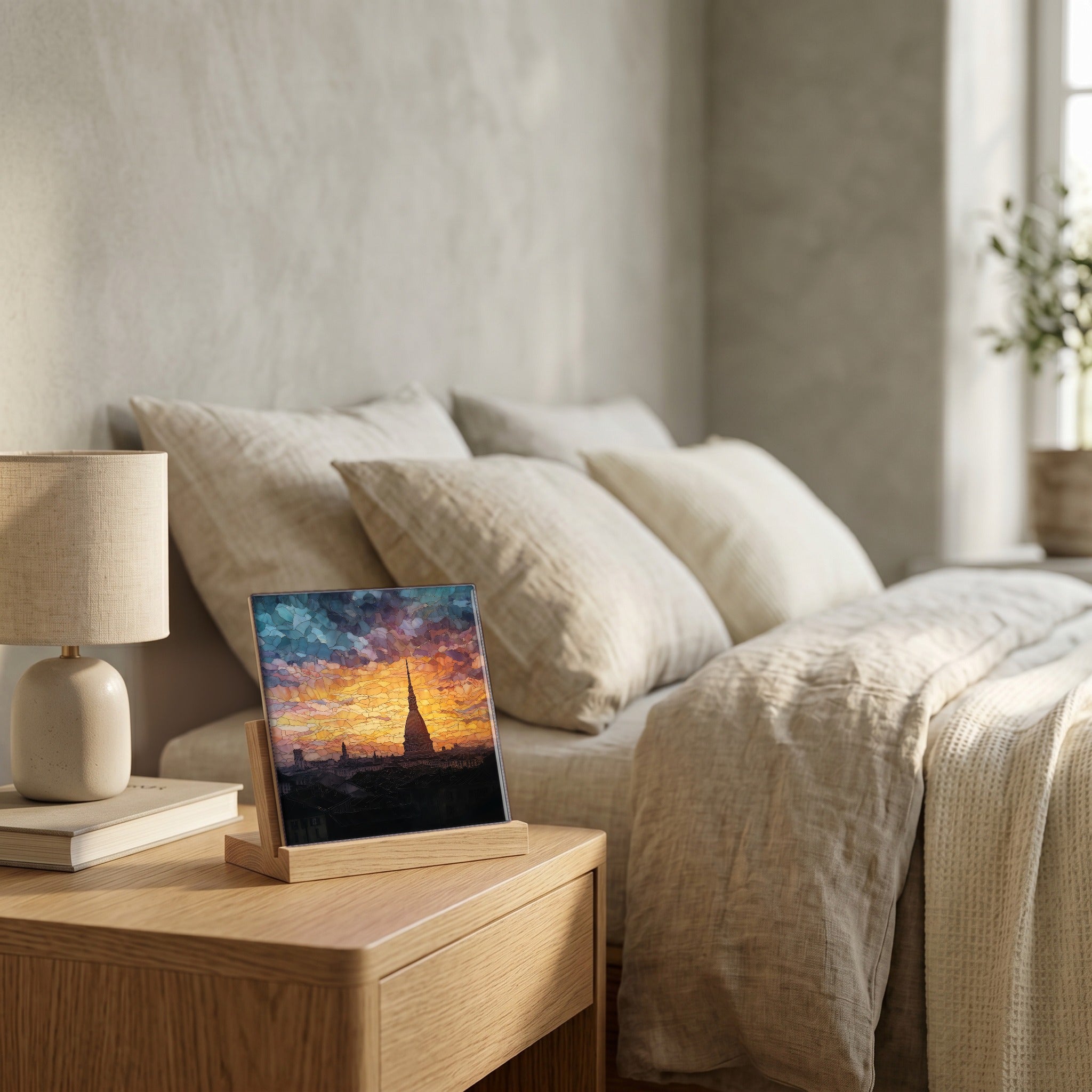 On the nightstand, on a light oak stand.