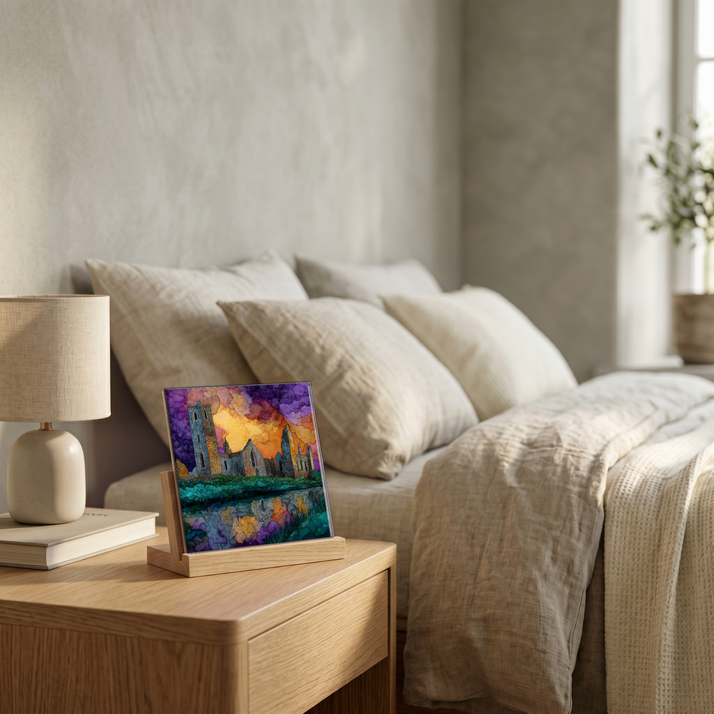 On the nightstand, on a light oak stand.