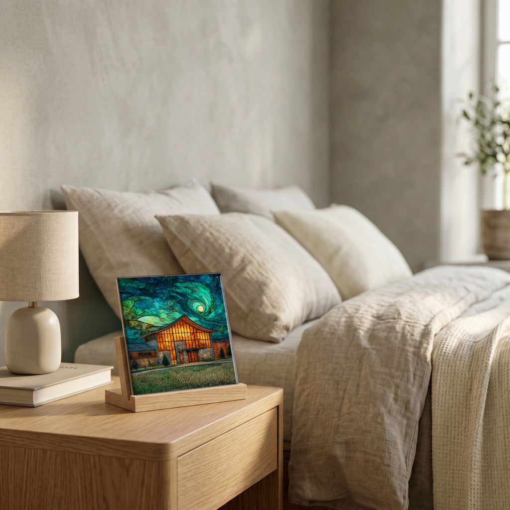 On the nightstand, catching the morning.