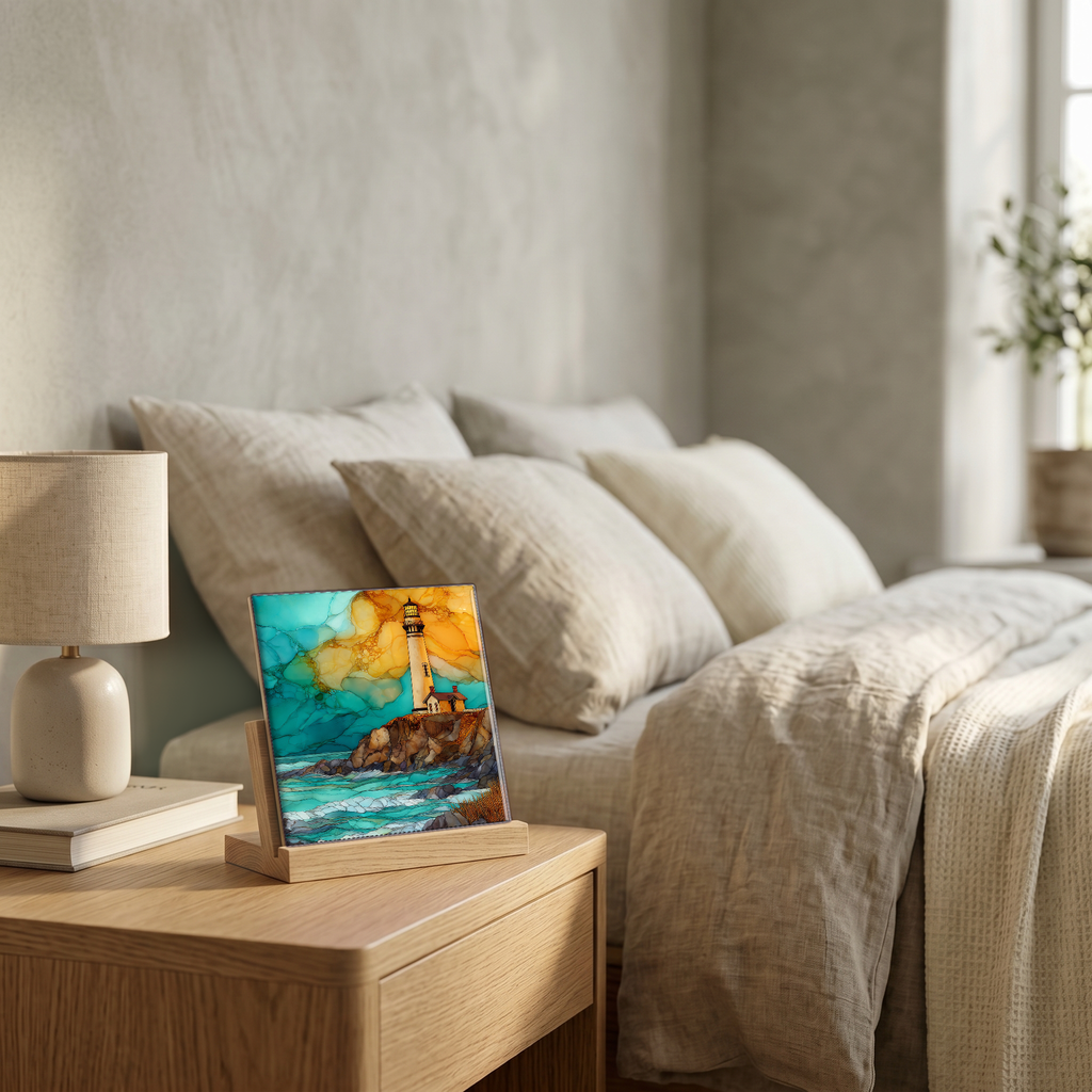 On the nightstand, on a light oak stand.