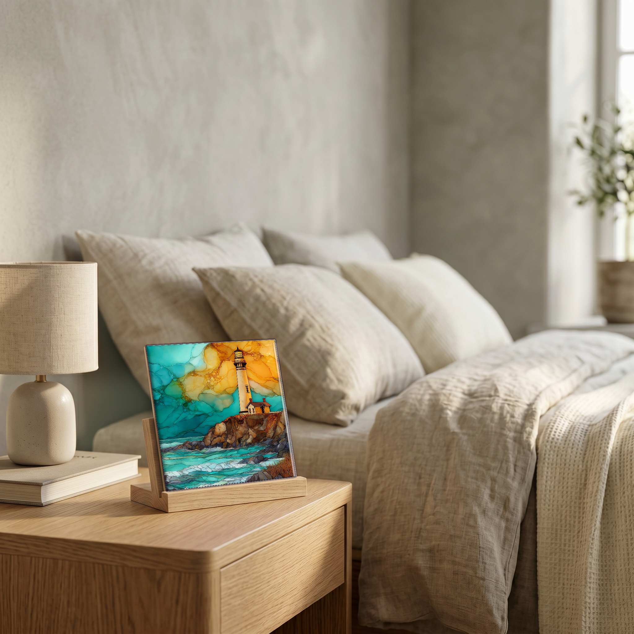 On the nightstand, on a light oak stand.