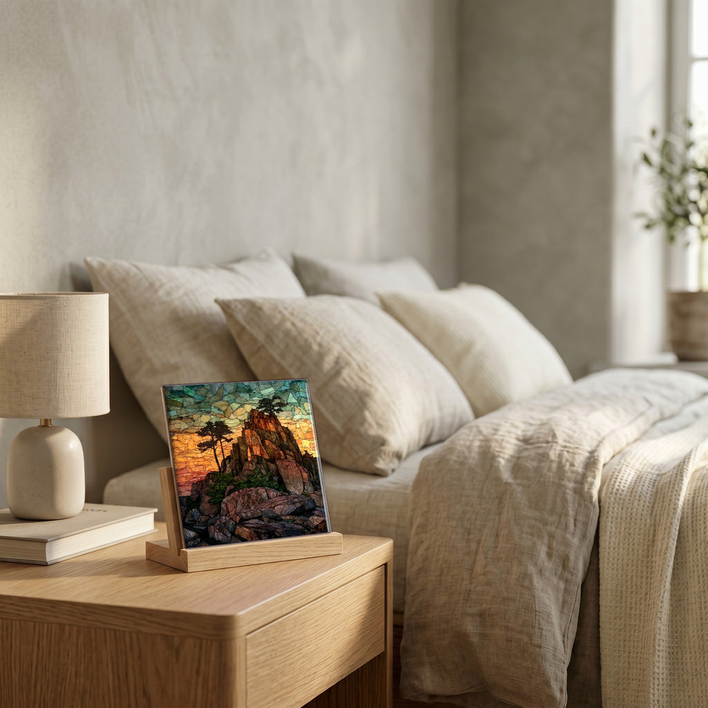 On the nightstand, catching the morning.